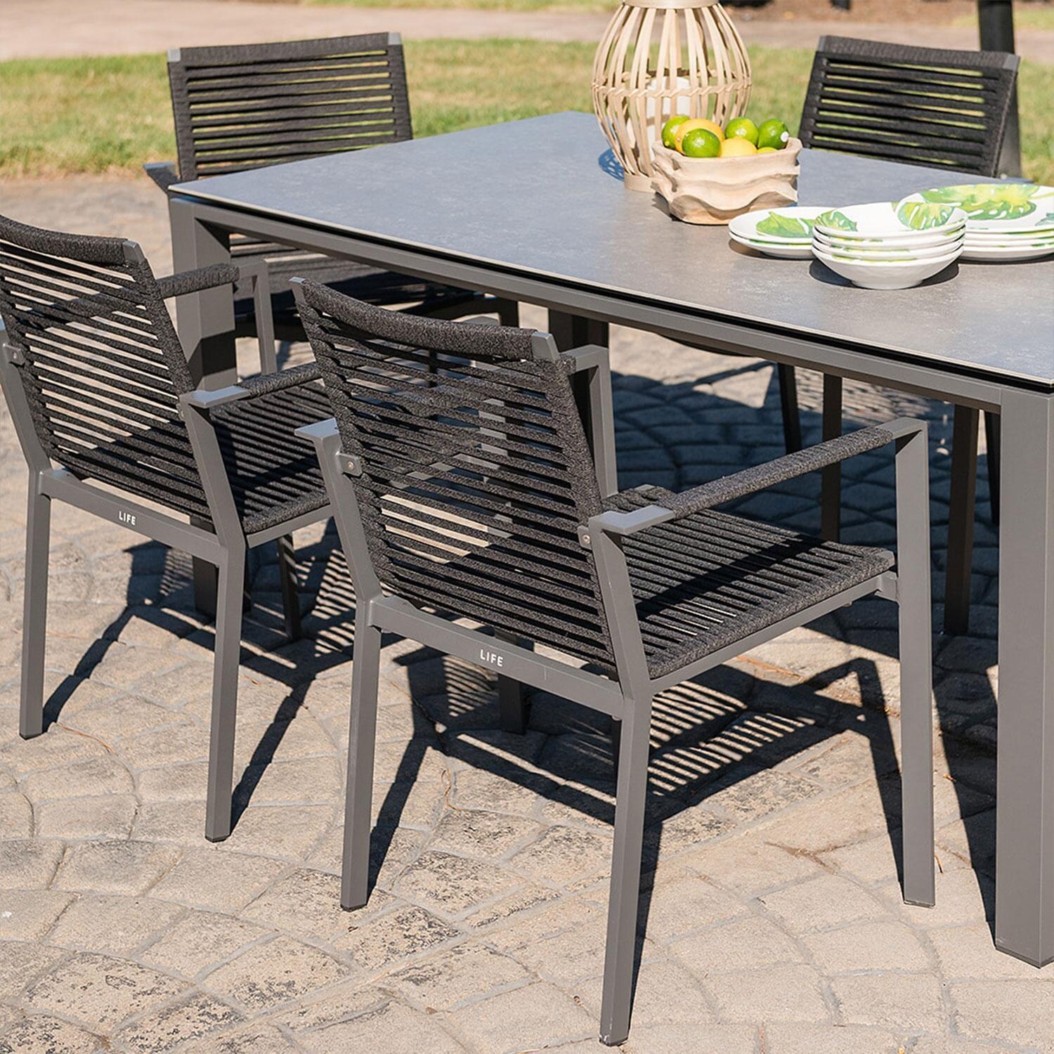 Porto 7 Pc Aluminum/Sling Dining Set in Lava By KETTLER - Close Up - Lifestyle thumbnail