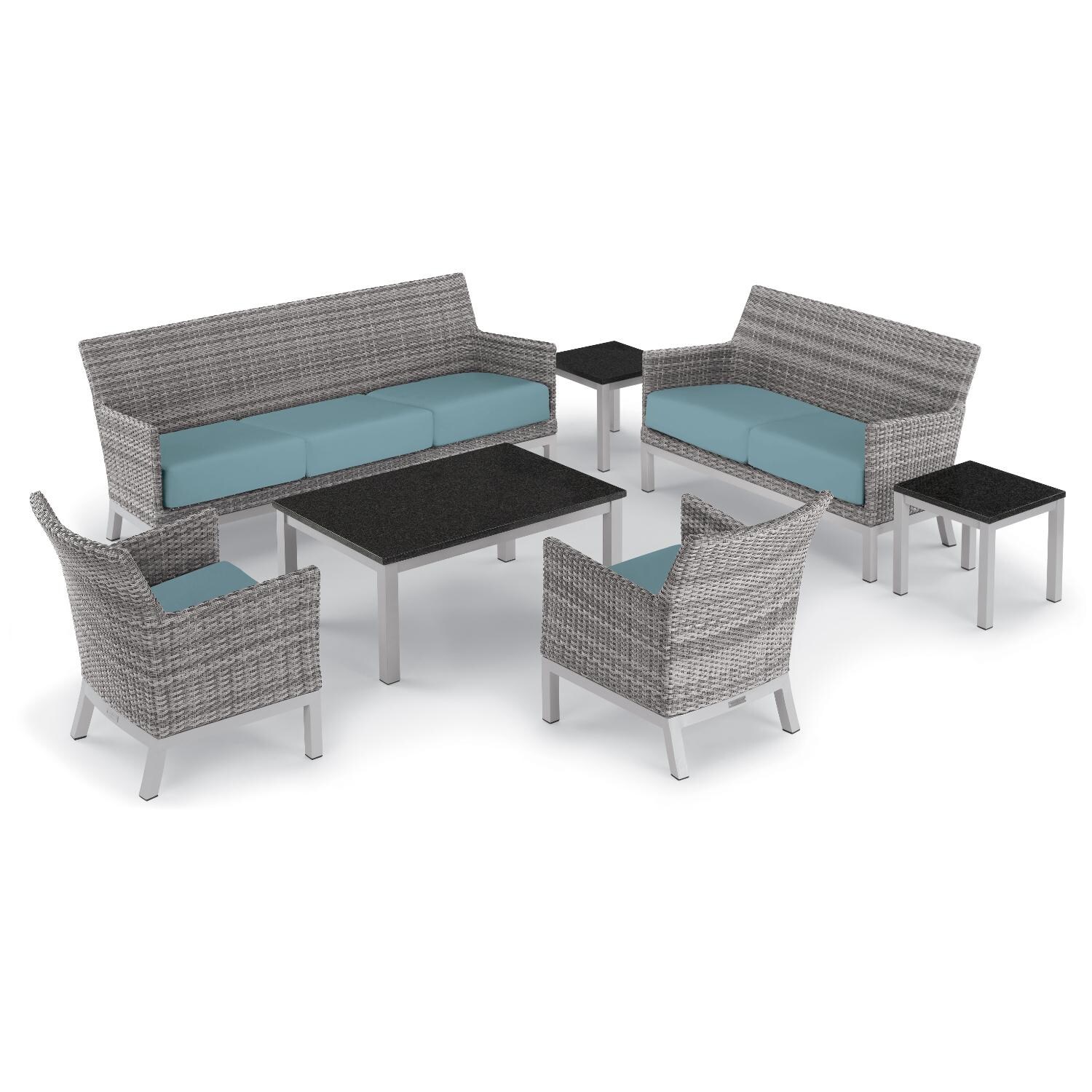 Argento 7 Piece Wicker Patio Conversation Set W/ Lite-Core Charcoal Tables & Ice Blue Cushions By Oxford Garden