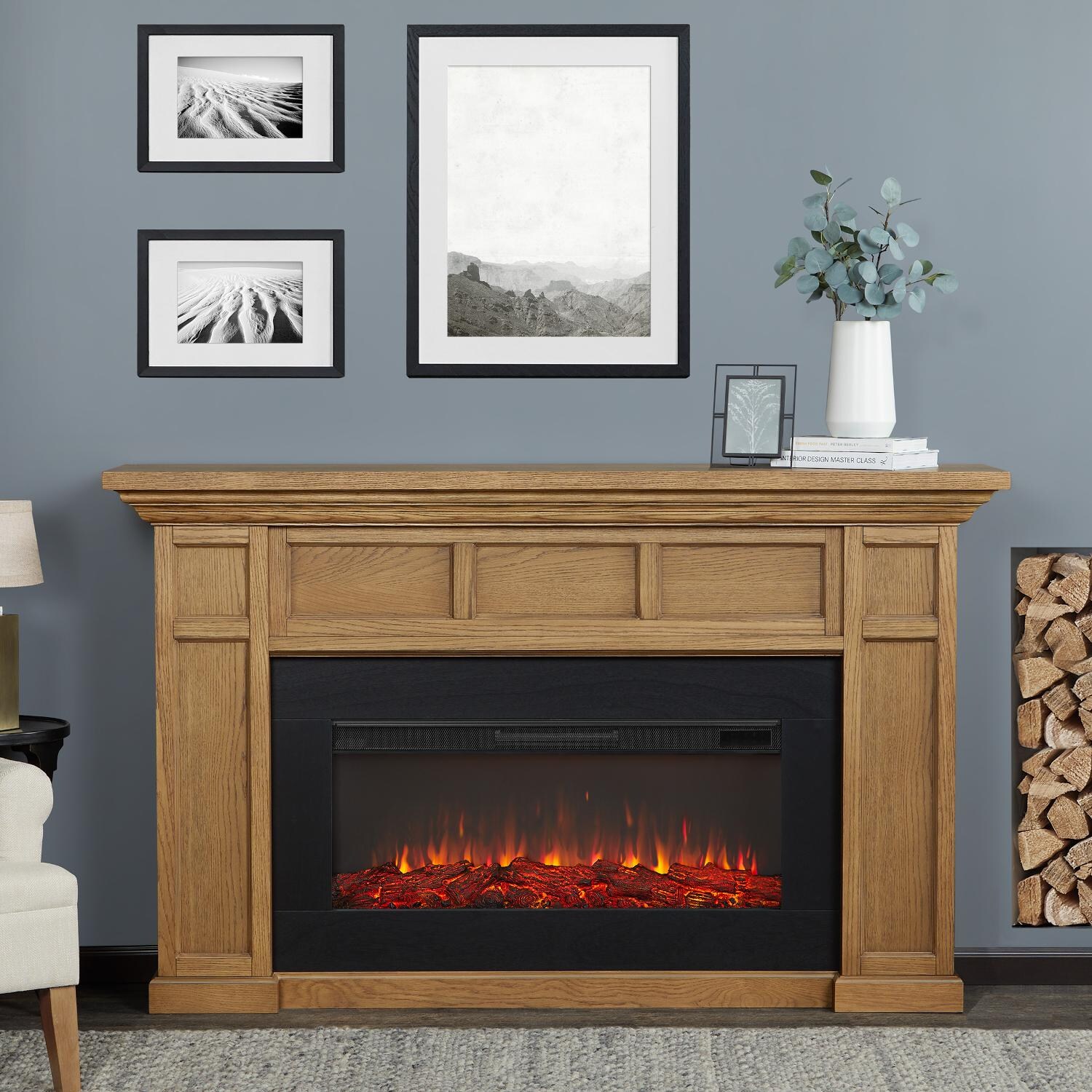 Real Flame 4130E-EO Alcott 74-Inch Electric Fireplace With Mantel - English Oak - Lifestyle thumbnail