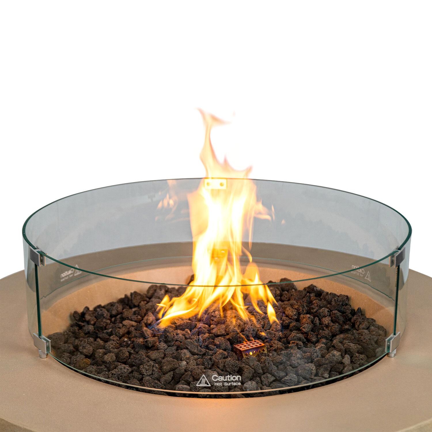 Glenwood 42-in Round Concrete Propane Gas Fire Pit w/ Hidden Propane Tank in Sand by Lakeview Outdoor Designs - Glass Wind Guard - Close Up - Detail thumbnail