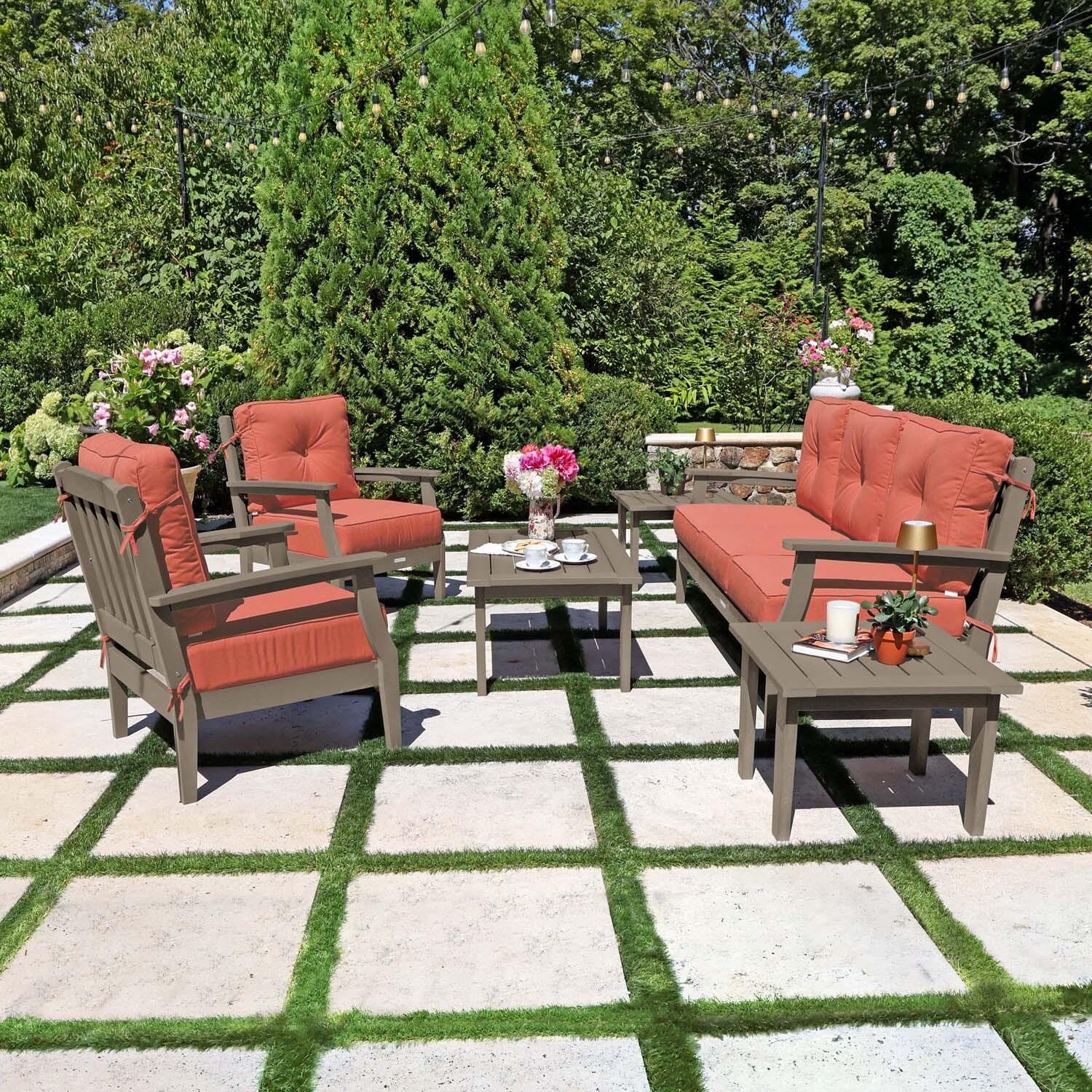 Blushing Bay 6 Pc Recycled Plastic Seating Set w/ Sofa in Canvas Persimmon/Woodland Brown by Lakeview Outdoor Designs - Side View - Lifestyle thumbnail