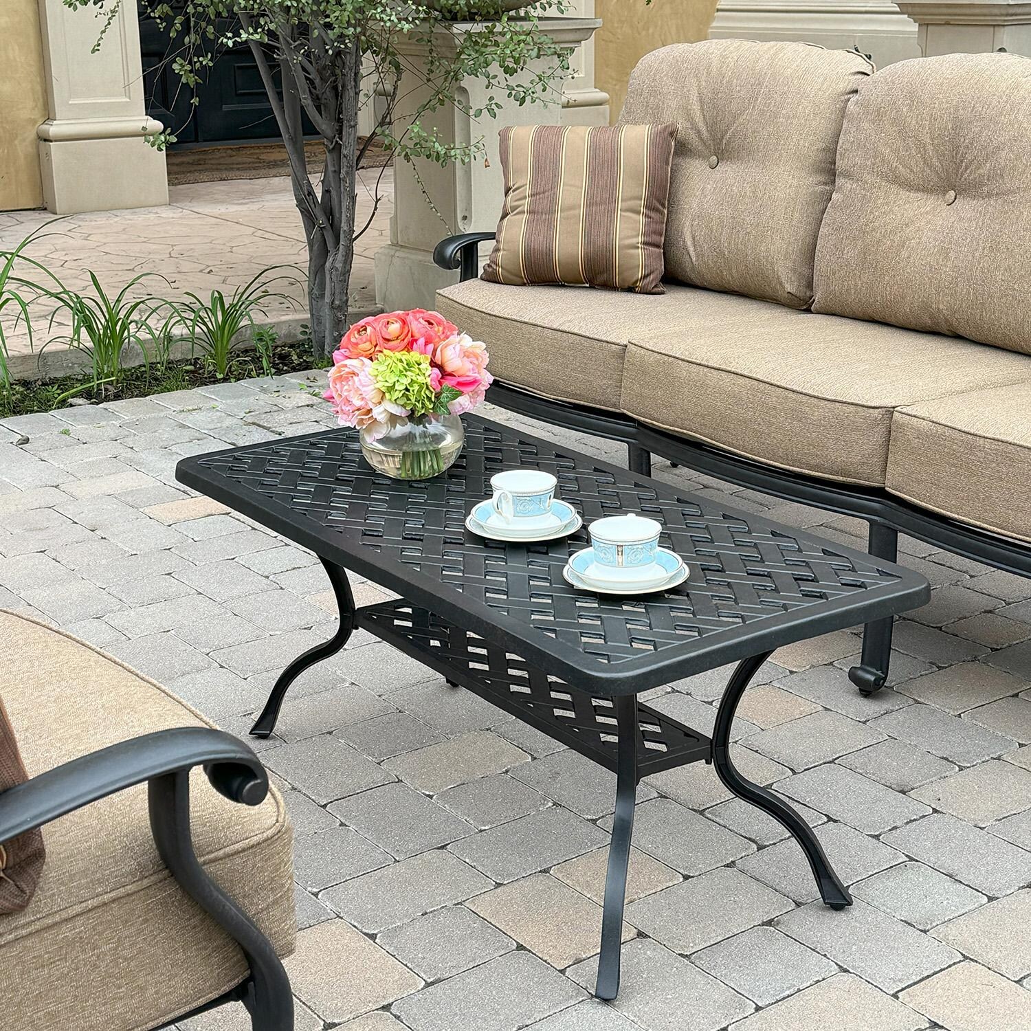 Darlee Series 30 42 X 21 Inch Cast Aluminum Coffee Table - Angled - Lifestyle thumbnail
