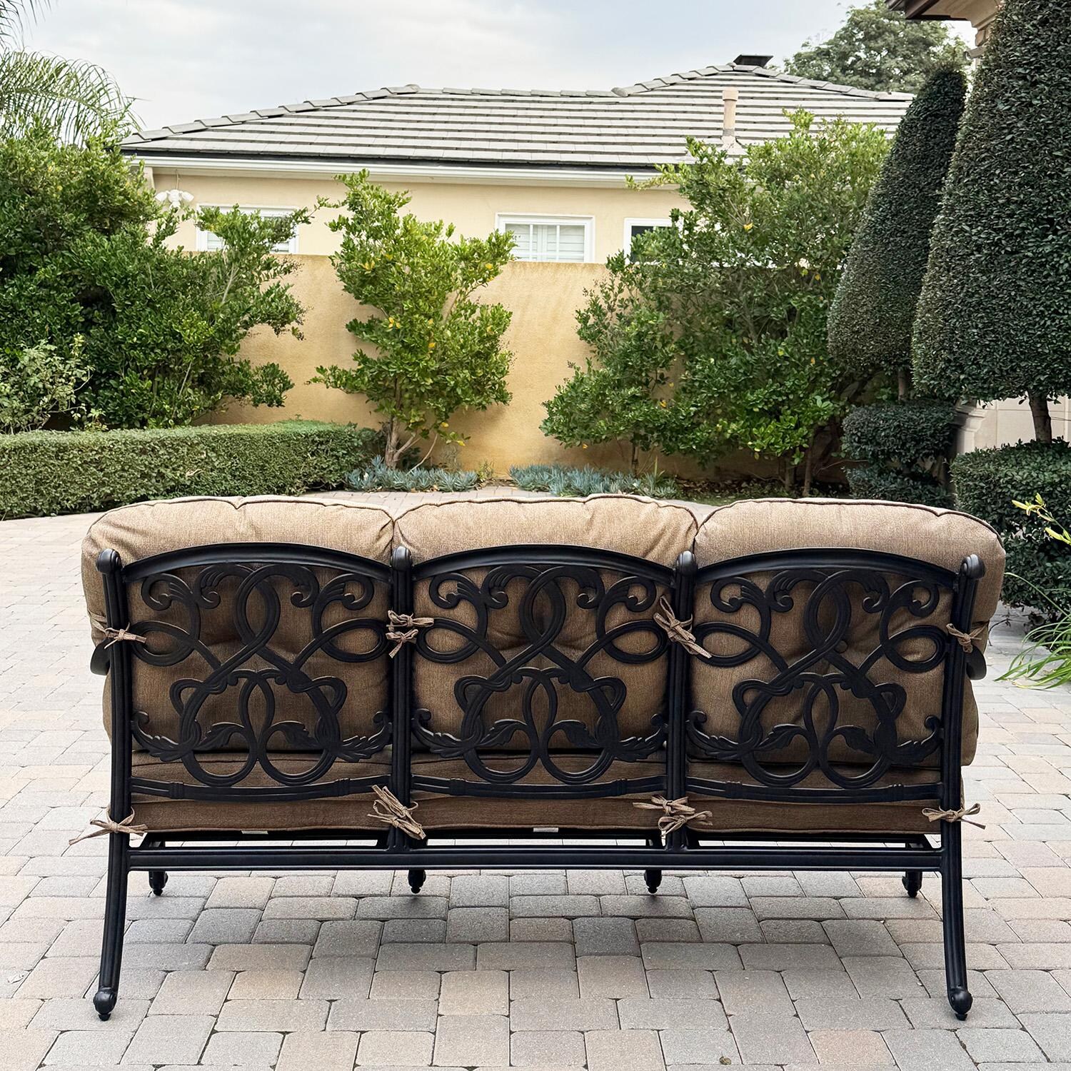 Darlee Santa Monica 3 Person Cast Aluminum Sofa in Antique Bronze/Sesame - Back - Lifestyle thumbnail