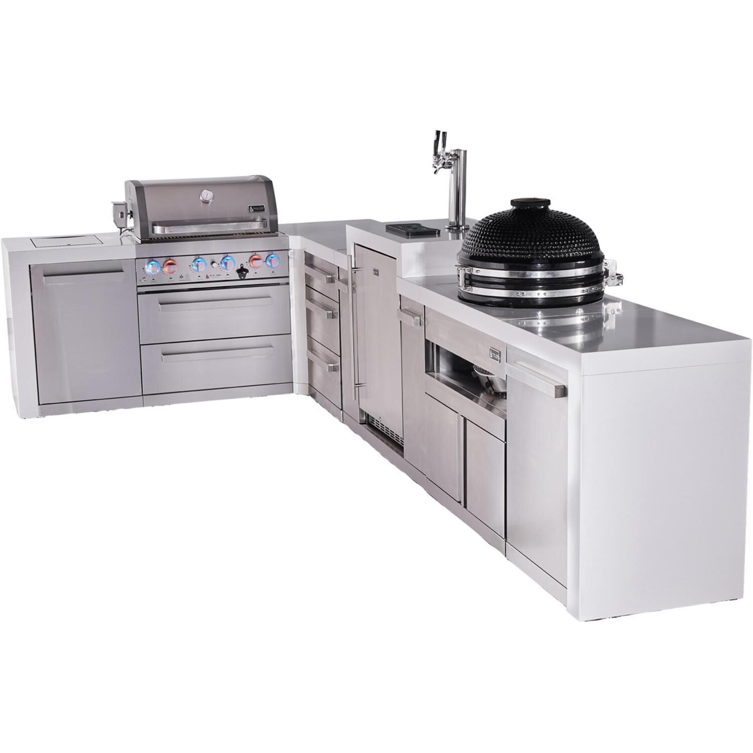 Mont Alpi Deluxe Series 13 Ft Propane Outdoor Kitchen Island w/ 32-in Grill, Side Burner, Kegerator, Kamado Module & Triple Drawer - MAi400-D90KEGKAMDR - Angled Right - White Background thumbnail