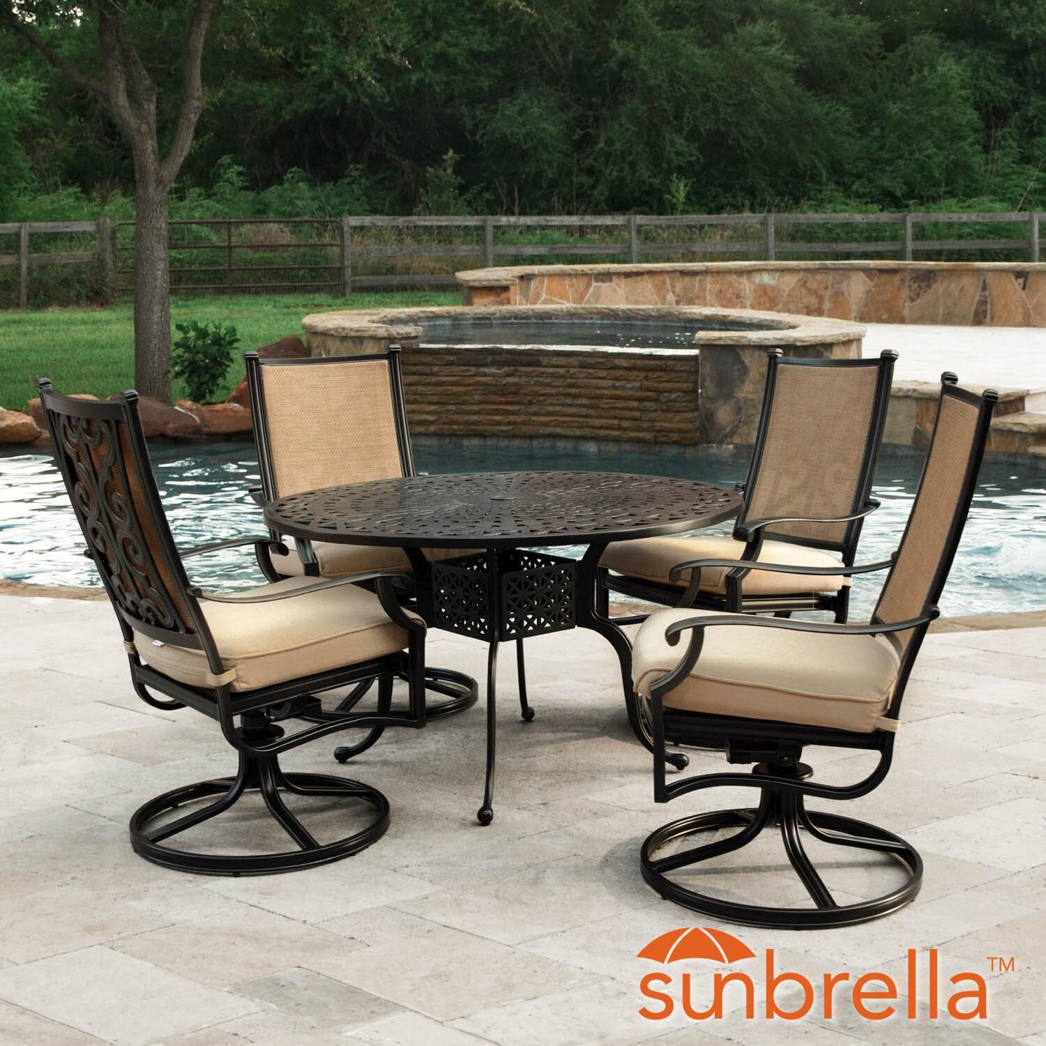 Bocage 5 Piece Cast Aluminum Sling Patio Dining Set W/ 48-Inch Round Table, Swivel Rockers & Sunbrella Heather Beige Cushions By Lakeview Outdoor Designs thumbnail