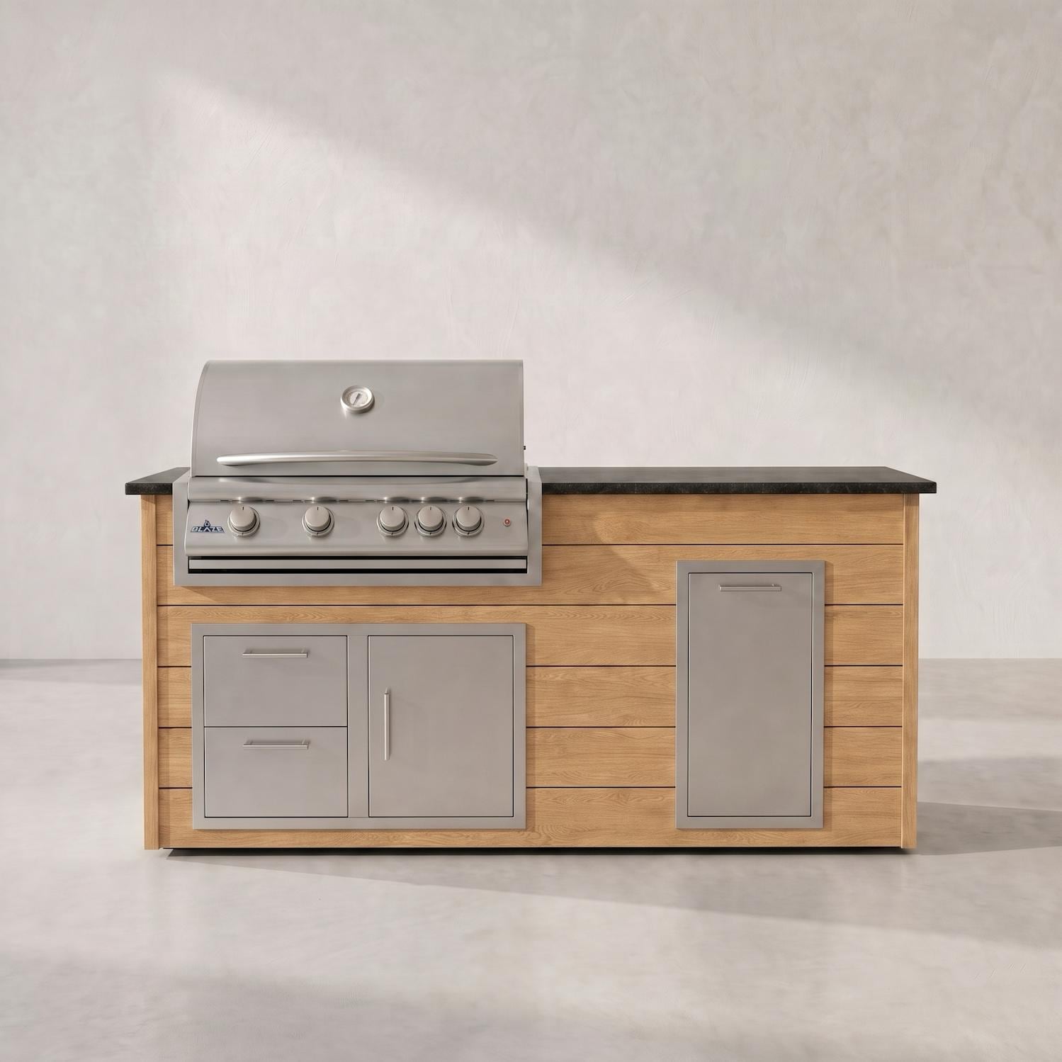 BBQGuys Signature 6 Ft Grill Island w/ 32 Inch Propane Blaze Premium LTE+ Grill, Narrow Trash Bin & Door & Drawer | Sun Bleached Oak w/ Nero Mist Granite - Front - White Background thumbnail