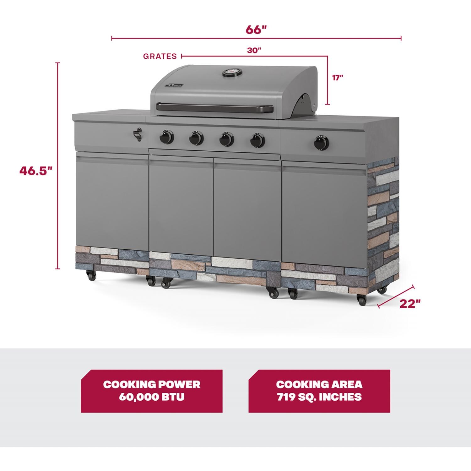 TYTUS TDT-021-0104 Fresno Series Gunmetal Gray & Ash Stacked Stone Propane Grill Island - Measurements - Dimensional thumbnail