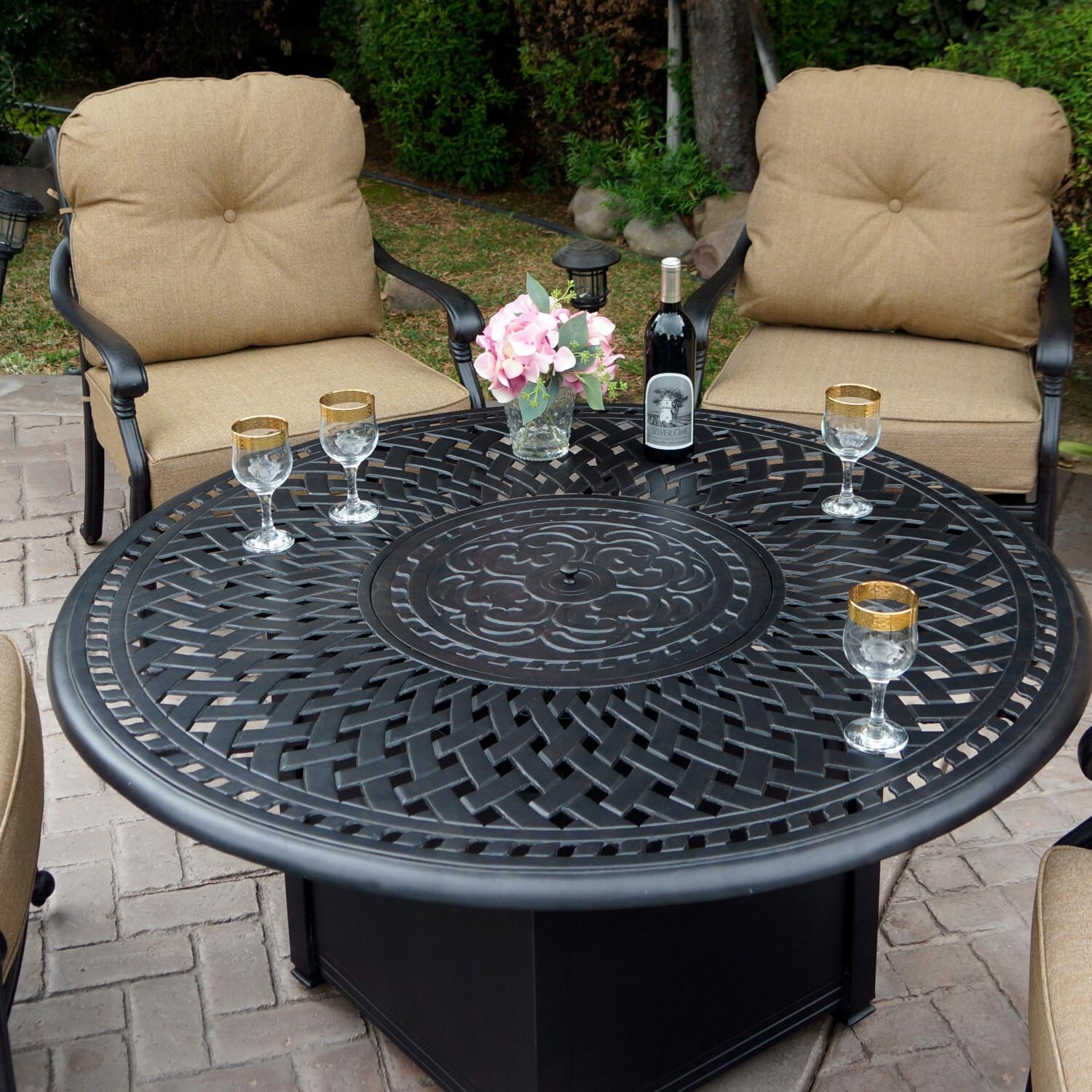 Darlee DL2056-5PCR-60QB Santa Monica 5 Piece Cast Aluminum Patio Fire Pit Conversation Set W/ Swivel Rocker Club Chairs & Sesame Cushions - Fire Pit Table W/ Cover thumbnail