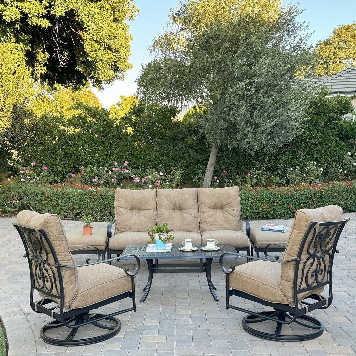 Darlee Santa Anita 6 Pc Cast Aluminum Seating Set w/ 48 X 26-in Series 88 Table & Swivel Rockers in Antique Bronze/Heather Beige Sunbrella by