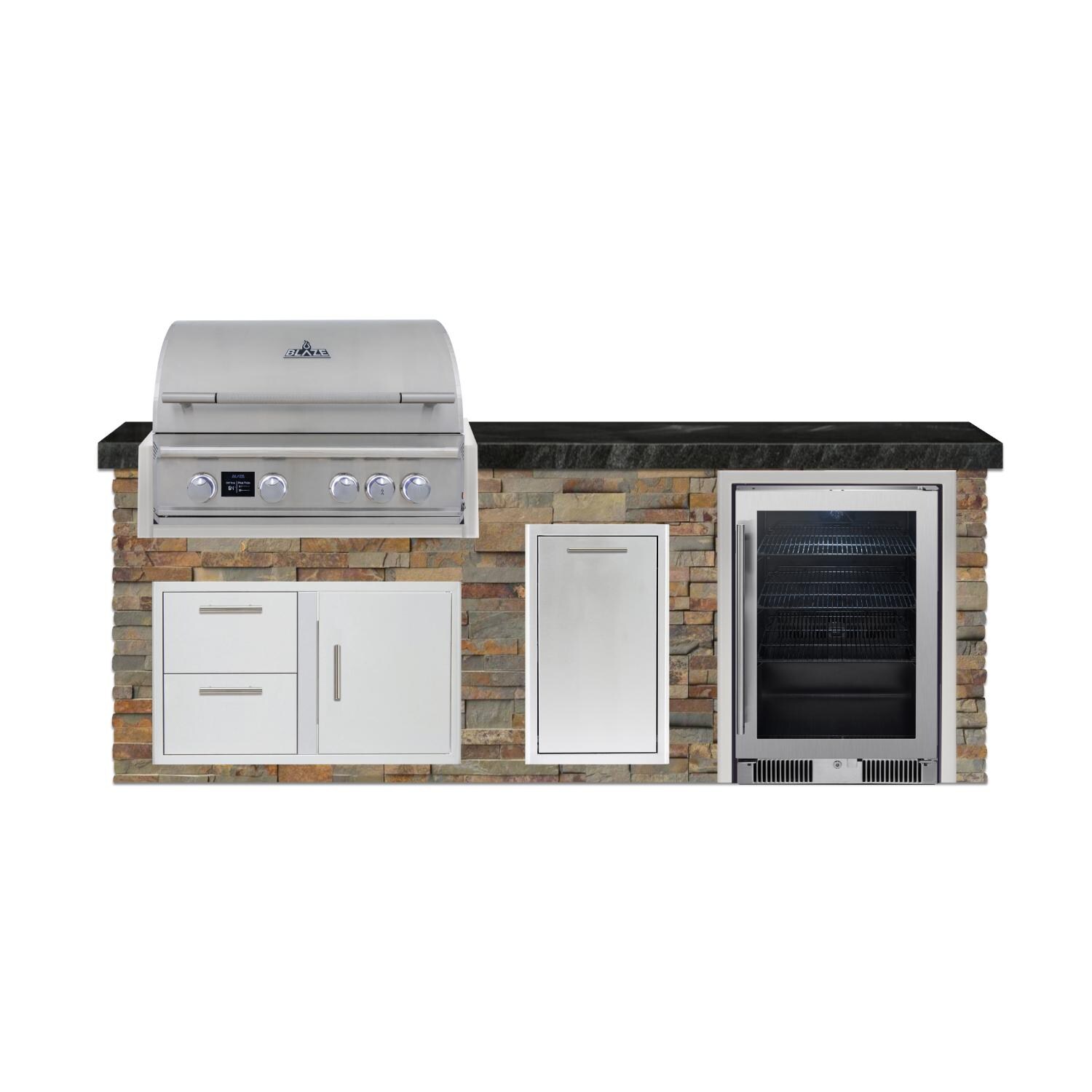 BBQGuys Signature 8 Ft Outdoor Kitchen Island w/ 32 Inch Propane Blaze LTE PRO Grill, Beverage Center & Narrow Trash Bin | Gold Rush w/ Black Granite