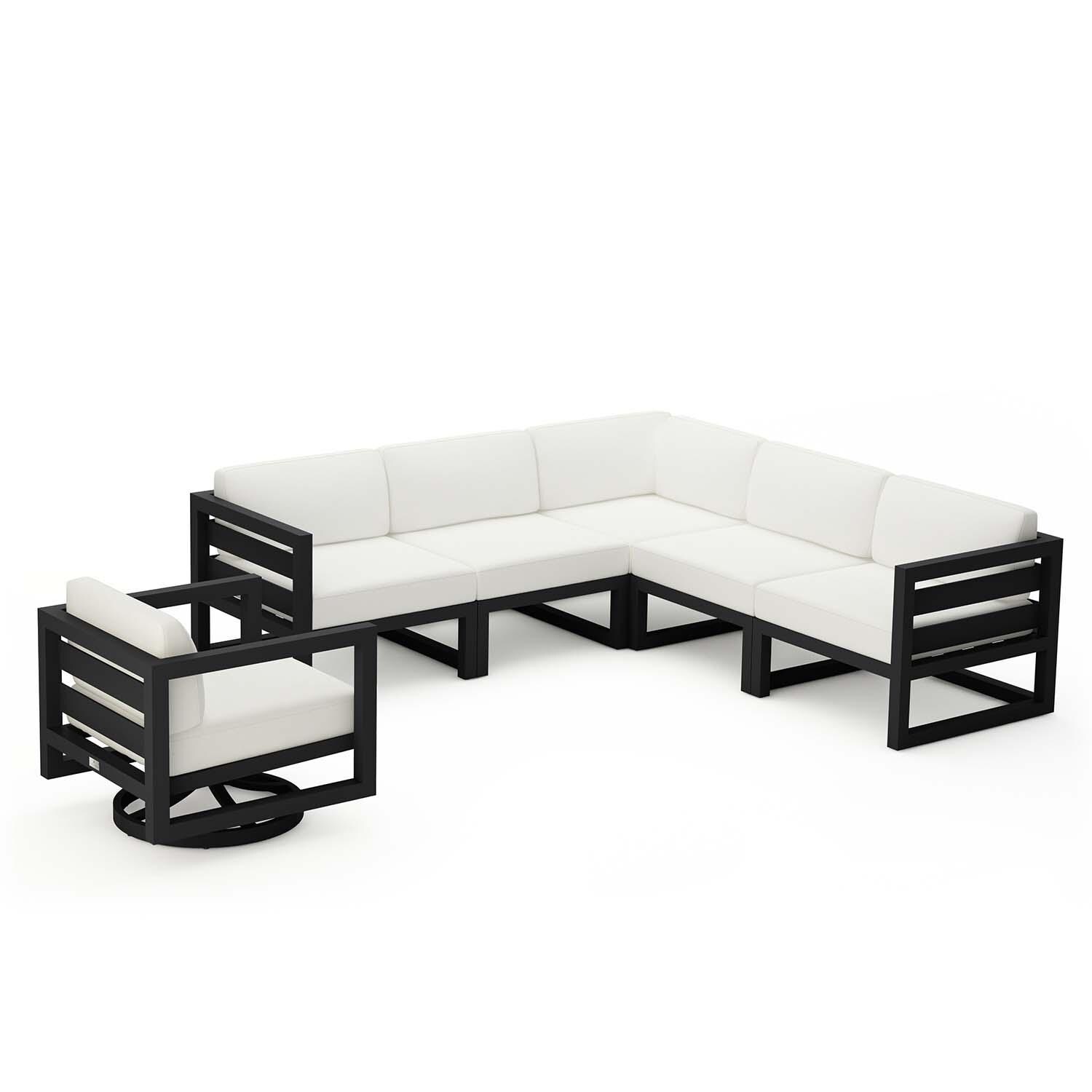 Misty Cove 6 Pc Aluminum Sectional Seating Set w/ Swivel Chairs in Black/Canvas Natural by Lakeview Outdoor Designs - White Background thumbnail