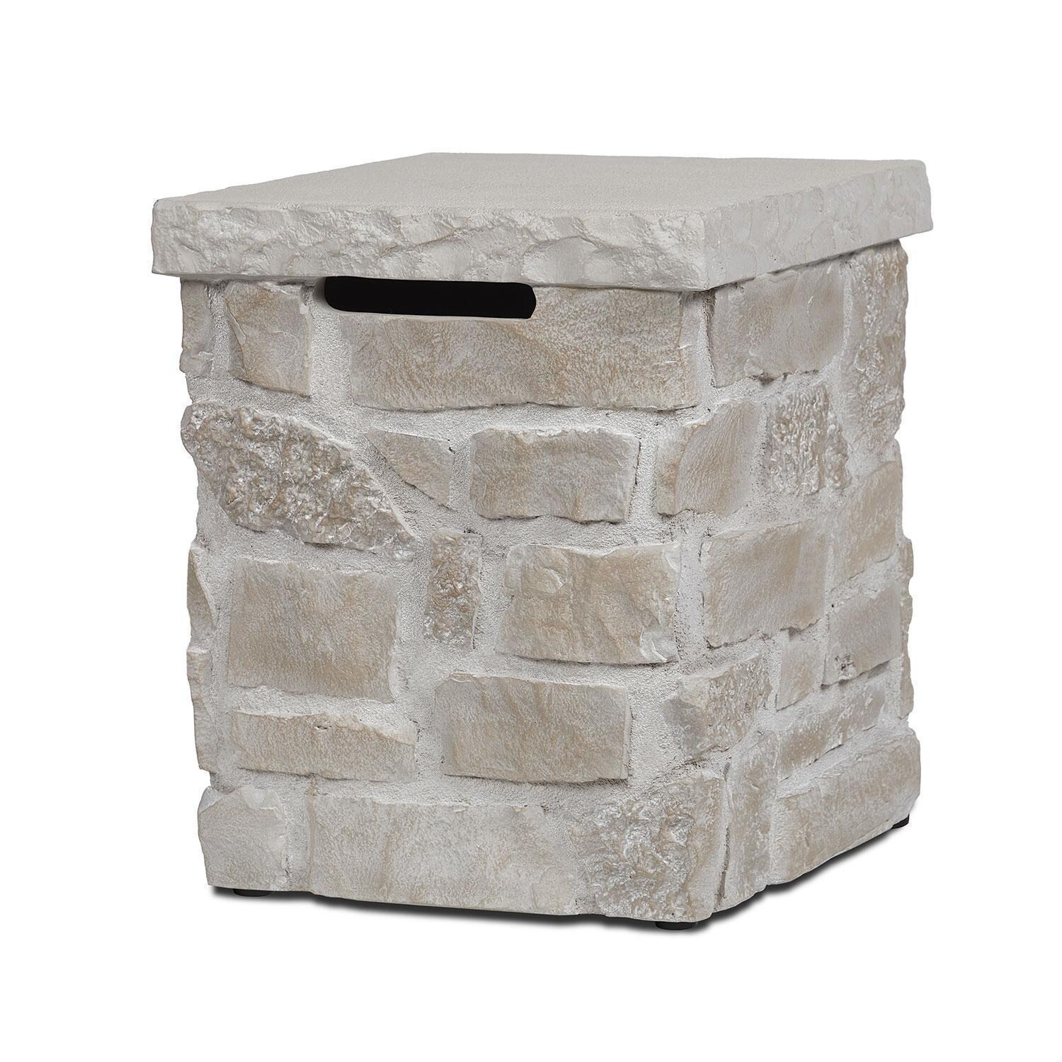 Heritage 20 Inch Square Stone Propane Tank Cover & Side Table in Beige by Lakeview - Left Angle - White Background thumbnail