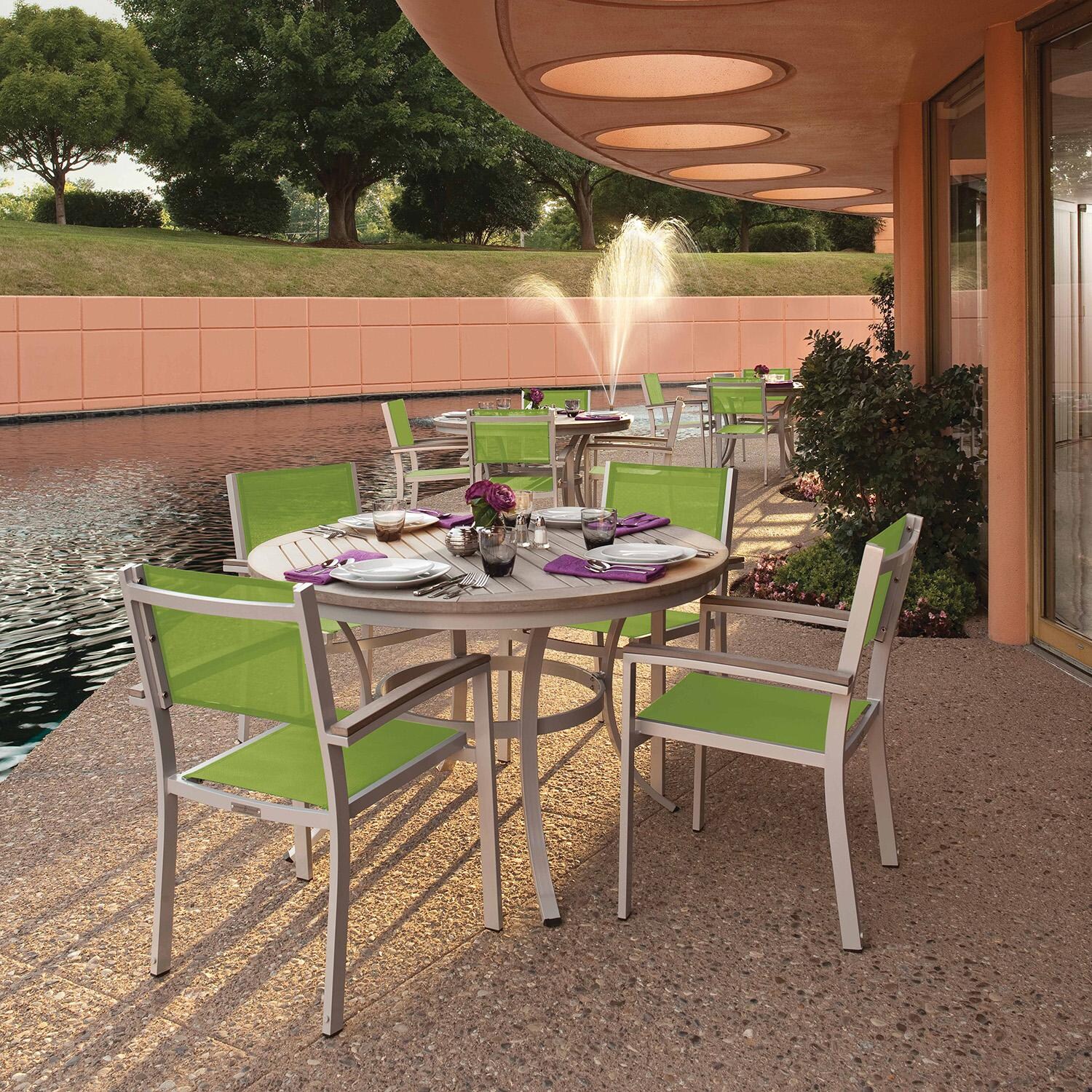 Oxford Garden 5094-PC.F Travira 5 Pc Aluminum Dining Set in Vintage Tekwood/ Go Green Sling by Oxford Garden - On Patio - Lifestyle thumbnail