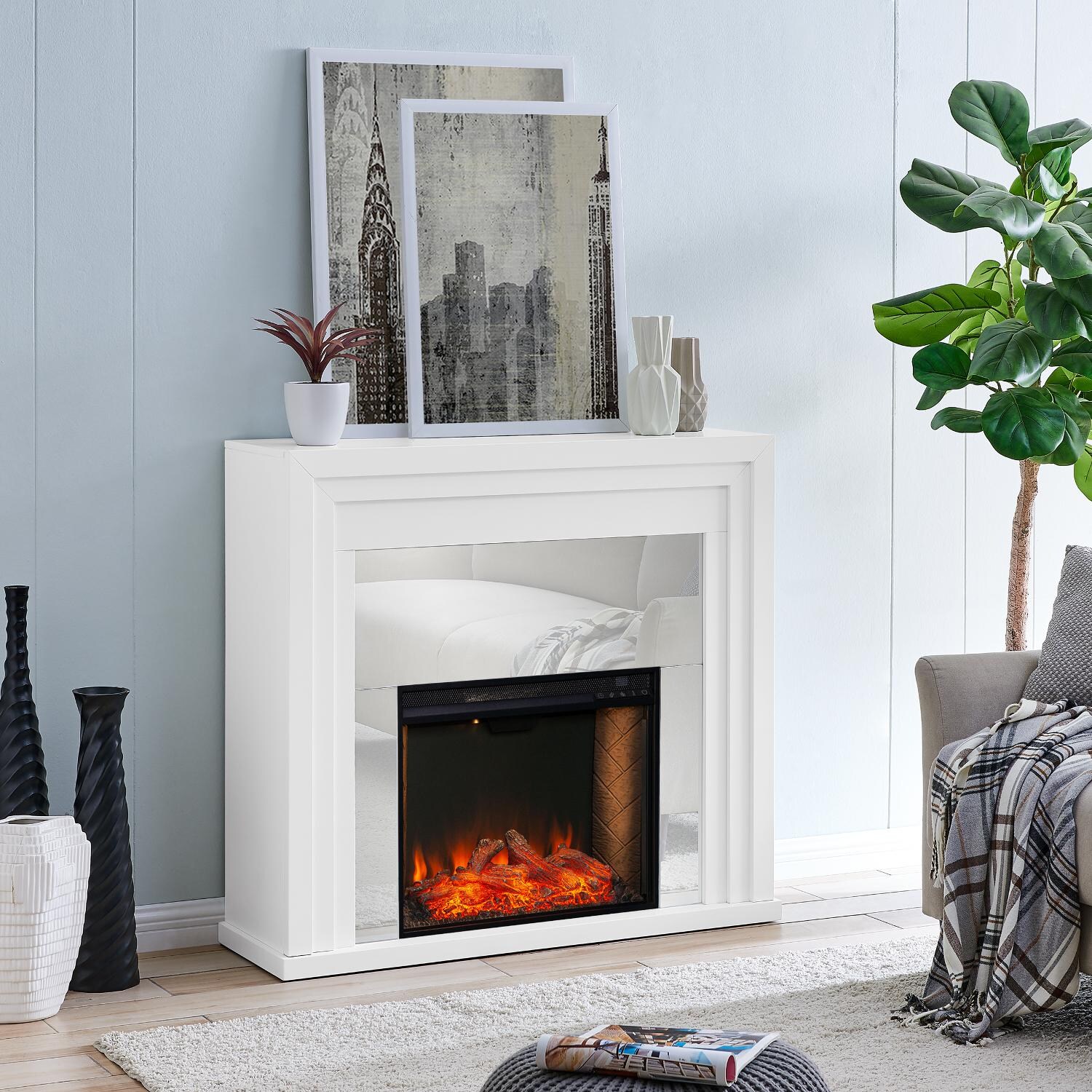 Southern Enterprises FS1009659 Stadderly 44-Inch Electric Fireplace W/ Alexa-Enabled Firebox - White W/ Mirrored Surround - In the Home thumbnail