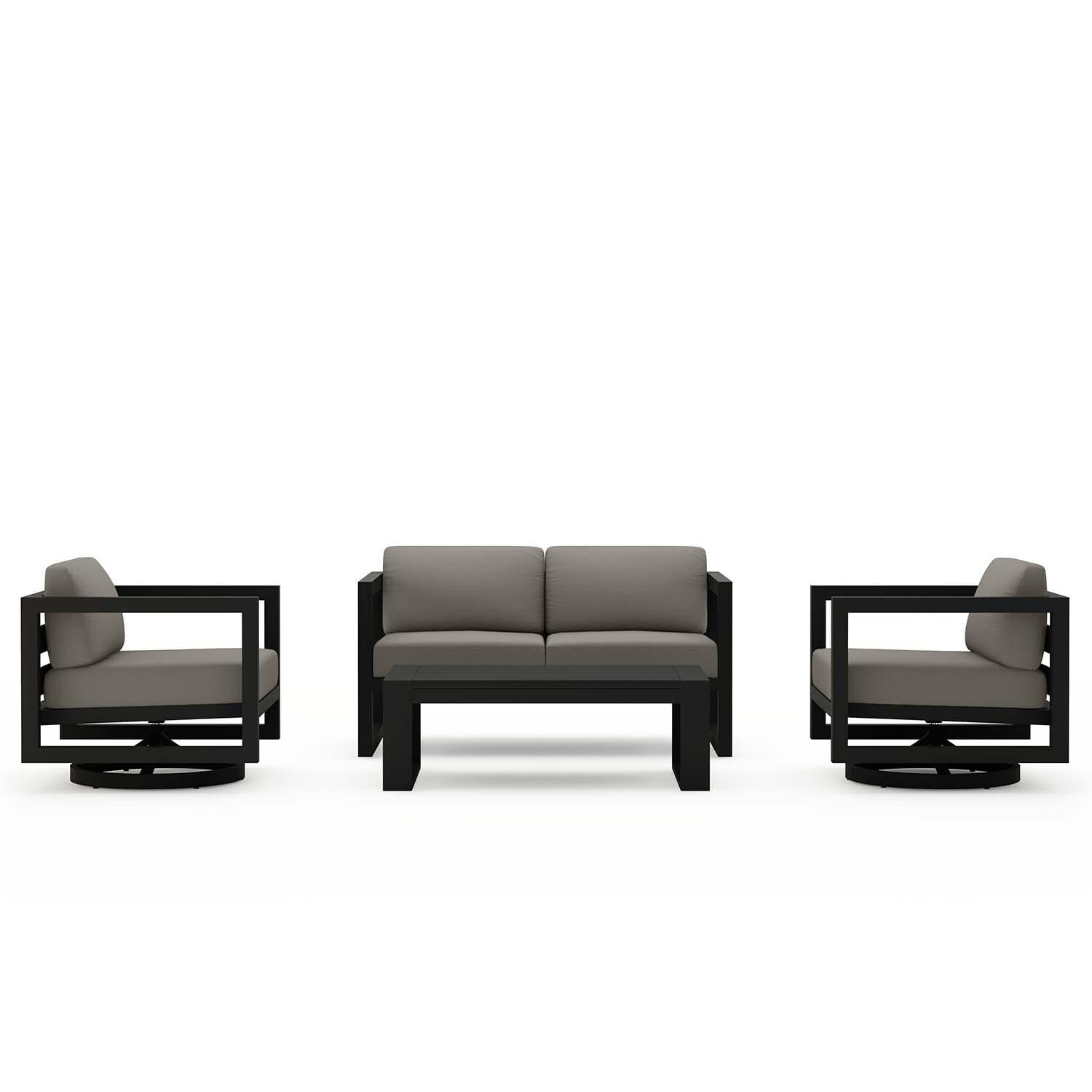 Misty Cove 4 Pc Aluminum Loveseat Seating Set w/ Swivel Chairs in Black/Canvas Charcoal by Lakeview Outdoor Designs - Front View - White Background thumbnail