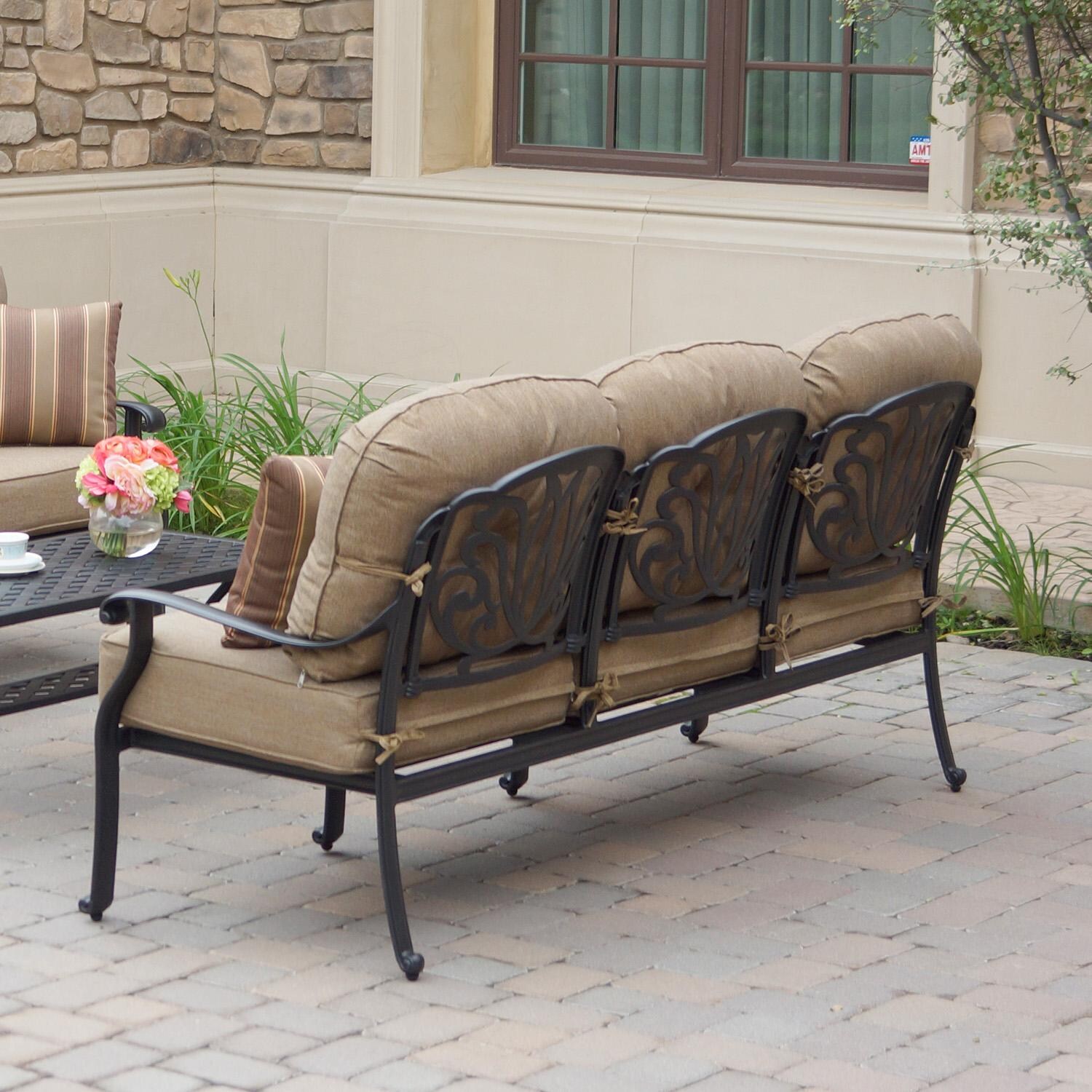 Elisabeth 5 Pc Cast Aluminum Seating Set w/ Series 30 Coffee Table & End Table in Antique Bronze by Darlee - Sofa - Detail thumbnail