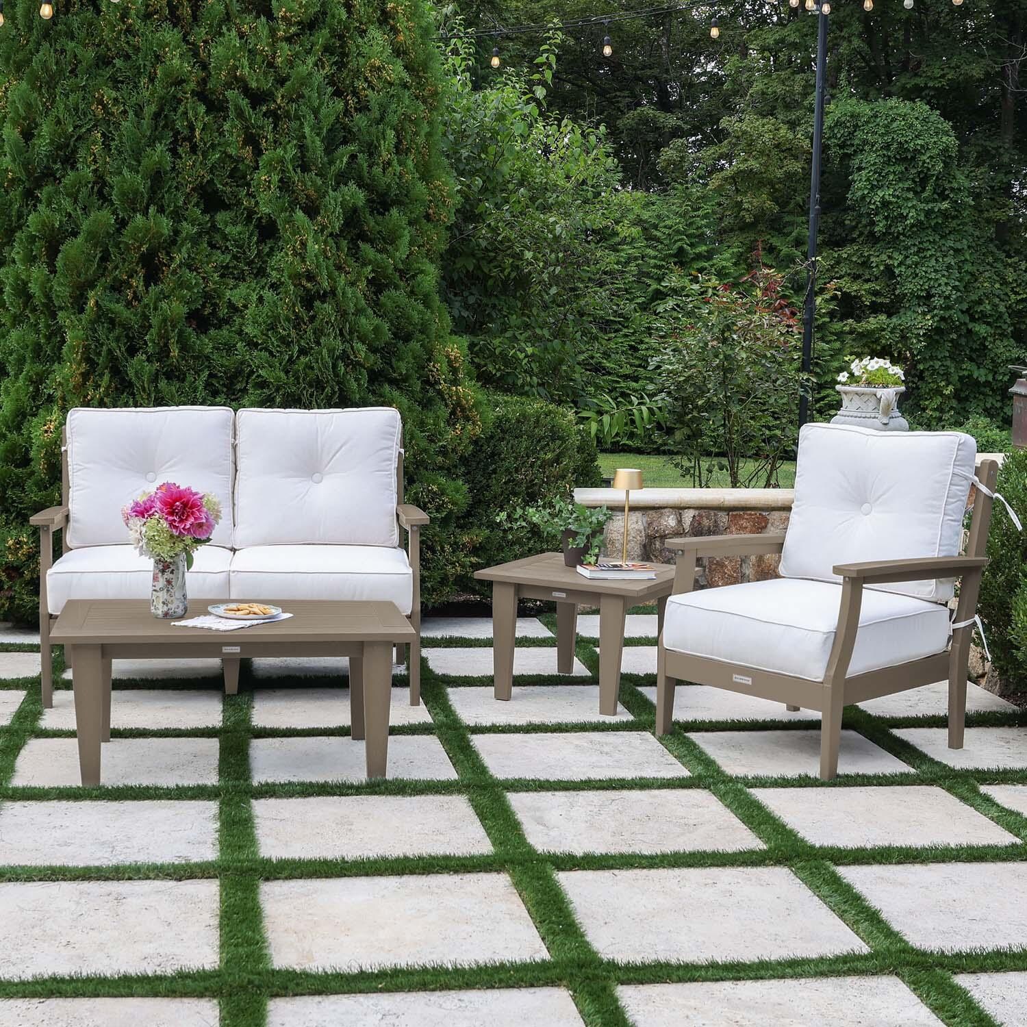 Blushing Bay 4 Pc Recycled Plastic Seating Set in Bliss Linen/Woodland Brown by Lakeview Outdoor Designs - Lifestyle thumbnail