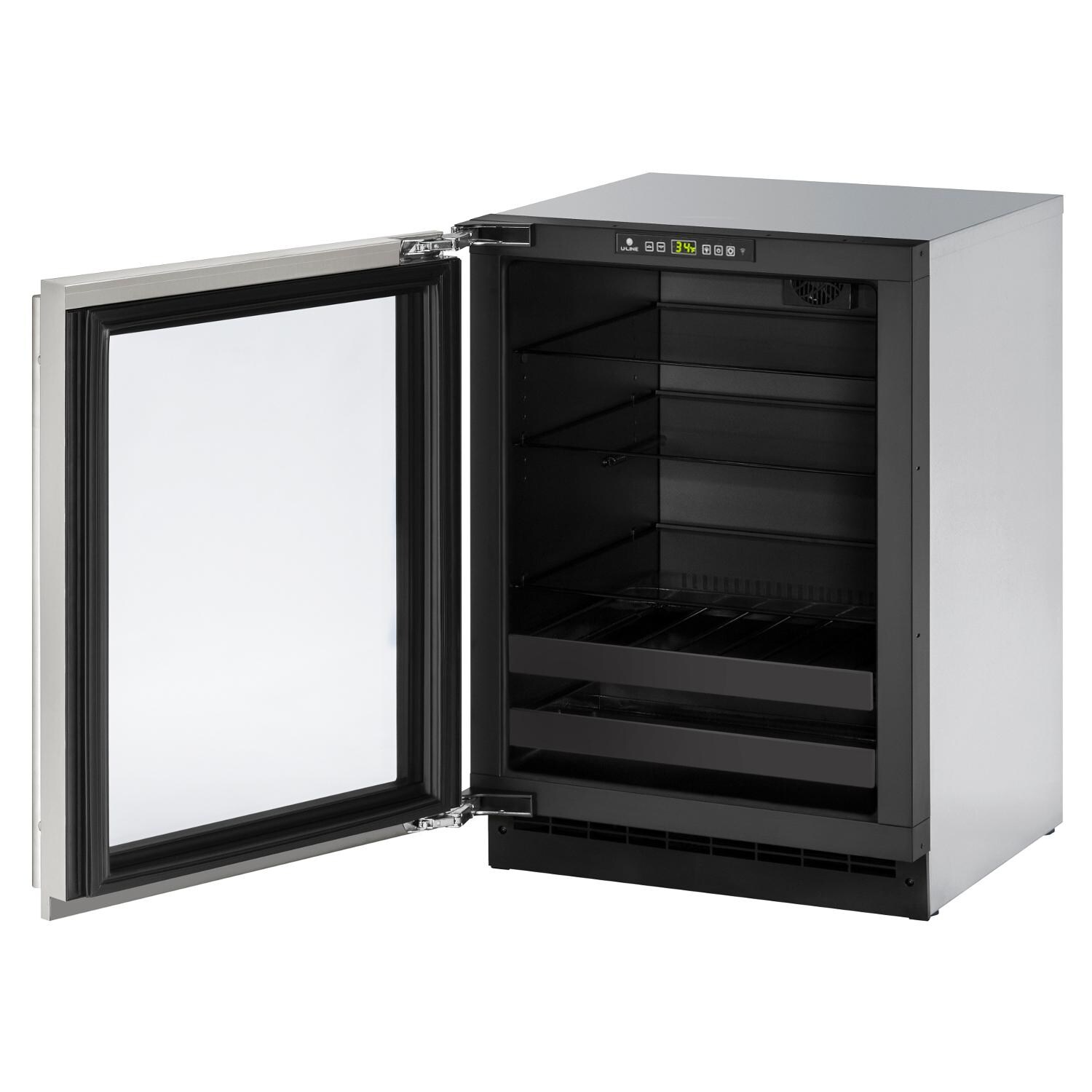 U-Line 24-Inch 4.9 Cu. Ft. Built-In / Freestanding Left Hinge Beverage Center With Lock - Stainless Steel - U-2224BEVS-15B - Open View thumbnail