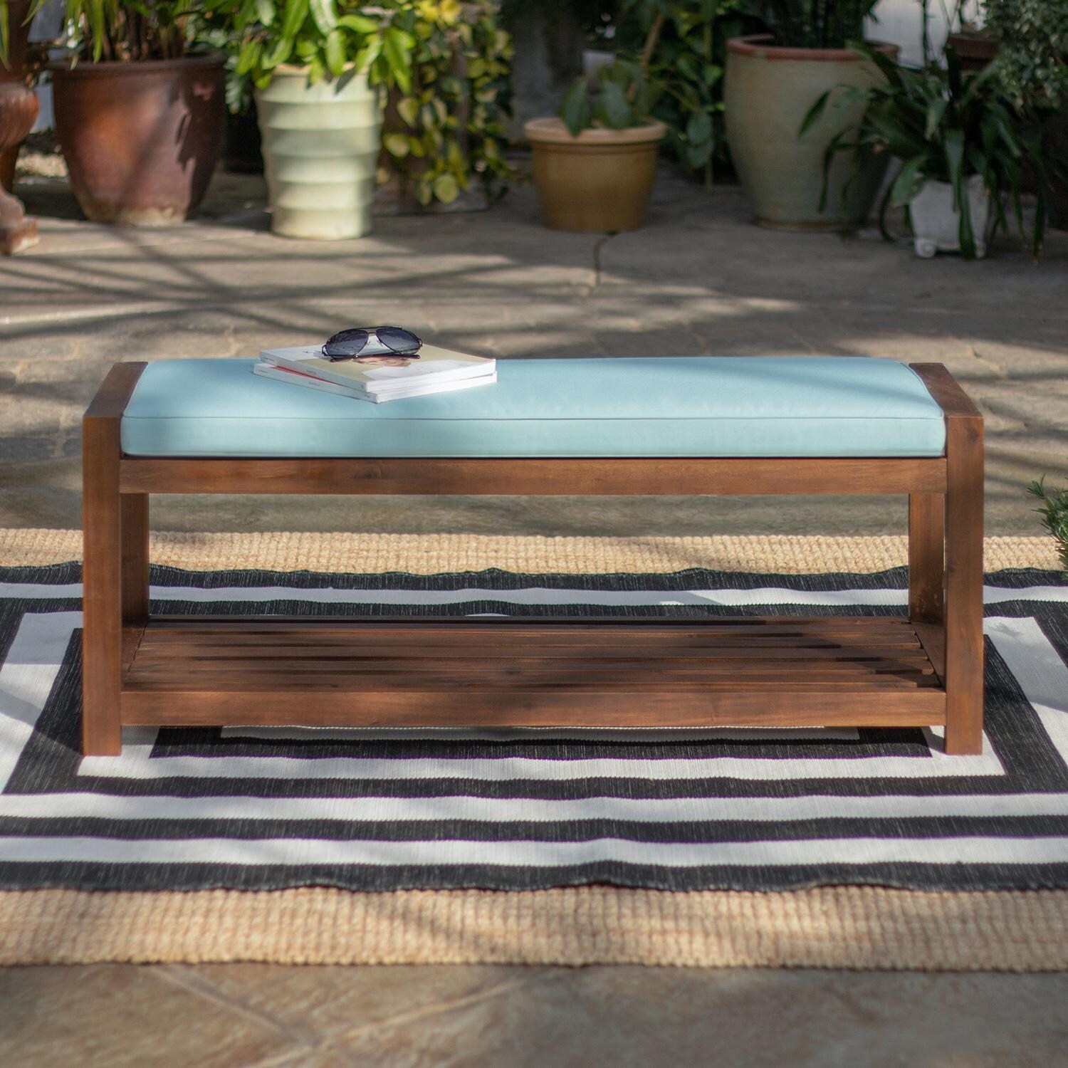Walker Edison Vincent 48 Inch Acacia Patio Bench W/ Storage Shelf & Blue Cushion - Dark Brown image