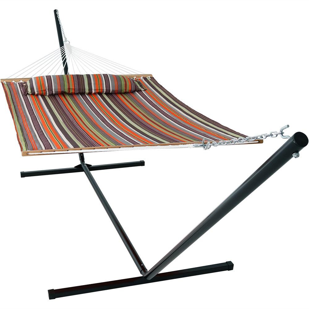 Sunnydaze Decor Quilted Double Hammock w/ 15-Foot Steel Beam Stand & Pillow - Canyon Sunset - LY-QFH-CS-COMBO15 image