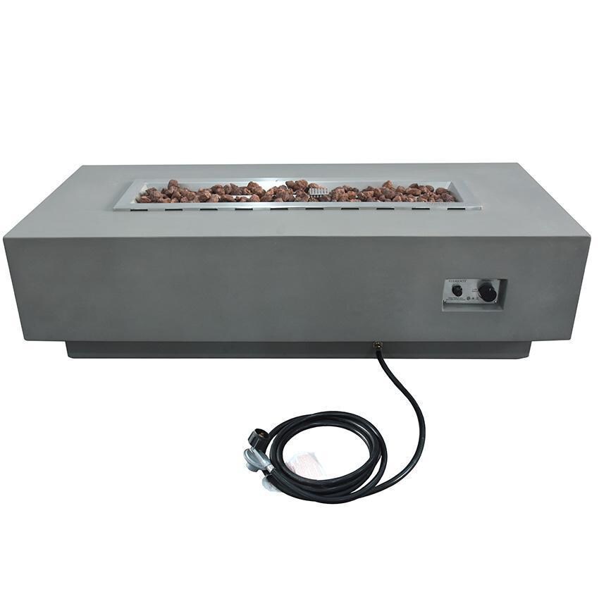 Granville OFG121LG-LP 60 Inch Rectangular Concrete Propane Fire Pit Table in Light Gray By Elementi - Table Shown as Propane Set Up W/ Hose - White Background thumbnail