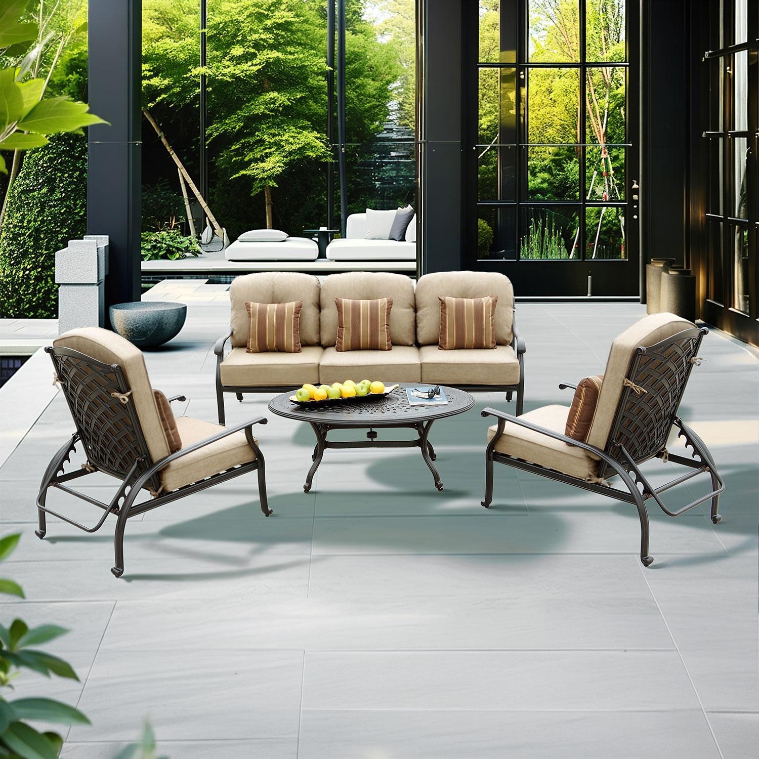 Darlee Nassau 4 Pc Cast Aluminum Seating Set w/ 46 X 31 Inch Oval Table w/ Reclining Chairs & Throw Pillows in Antique Bronze/Beige Canvas by