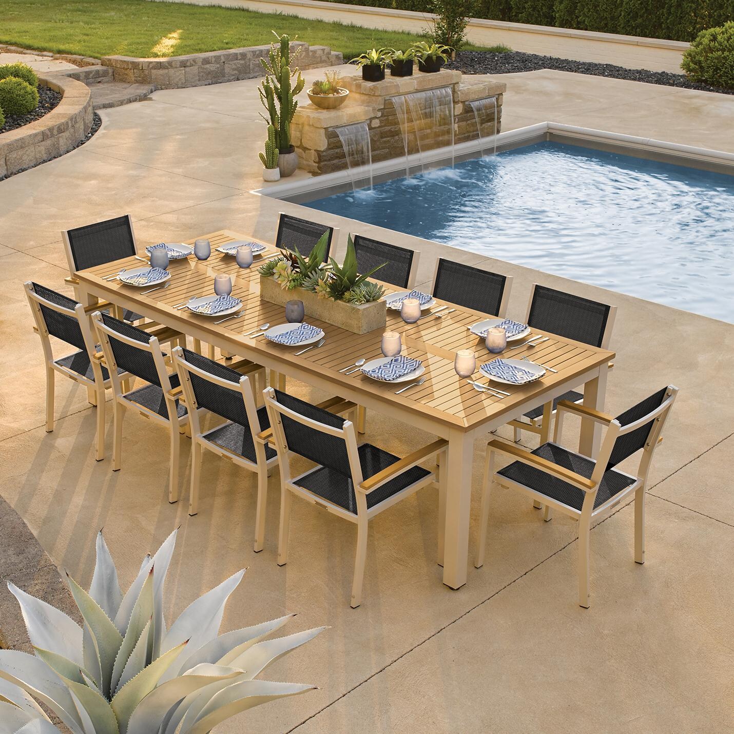 Travira 11 Piece Aluminum Patio Dining Set W/ 103 X 42 Inch Table and Tekwood Natural Tabletop By Oxford Garden - On The Patio thumbnail