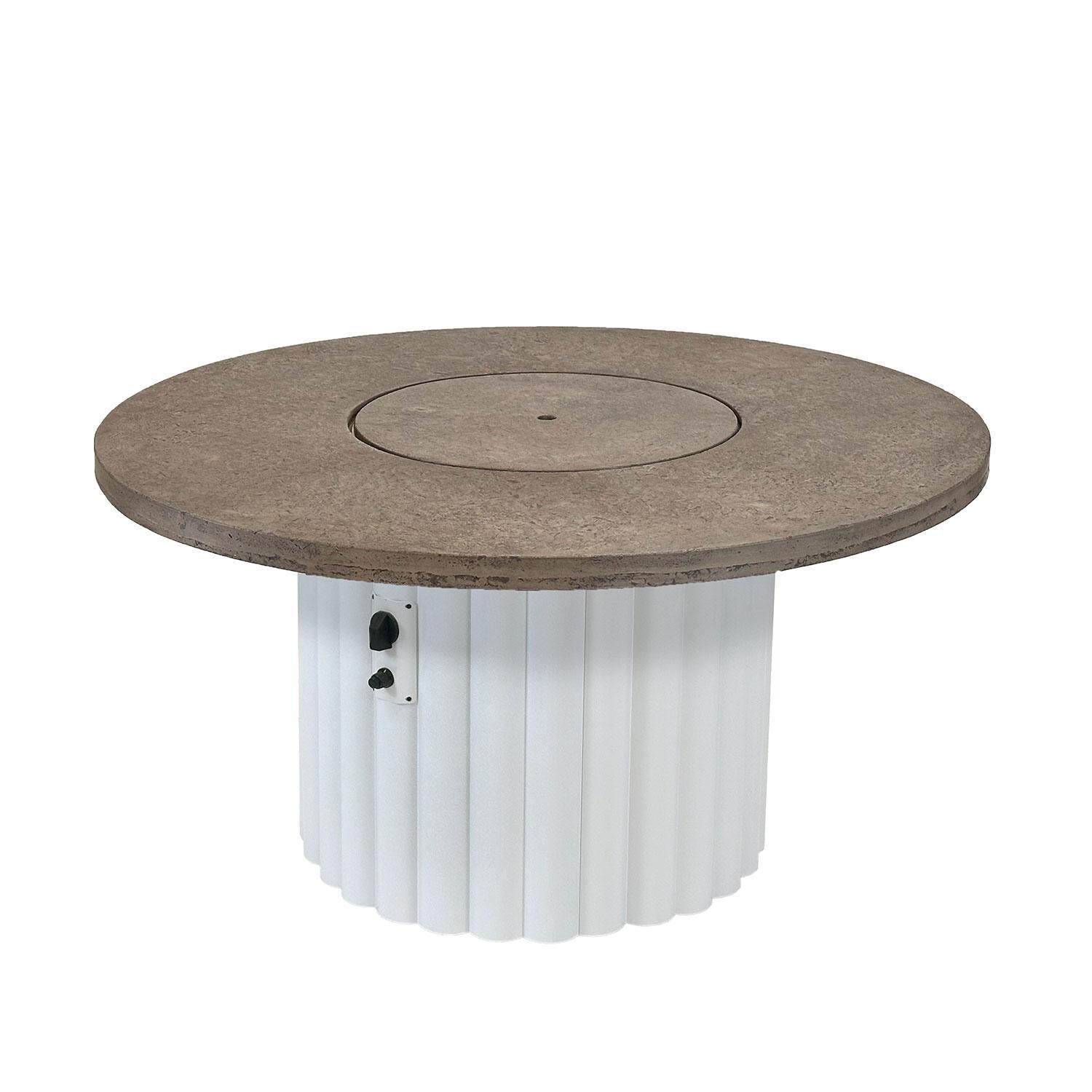 Reverie REVBWH-48-K 48-in Round Aluminum Gas Fire Pit Table w/ Fossil Brown Supercast Top & White Base - Cover On - White Background thumbnail