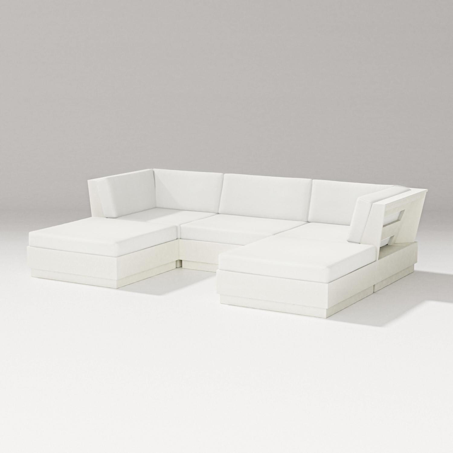 Elevate 5 Pc Recycled Plastic Double Chaise Sectional Seating Set in Vintage White/Natural Linen By PW Designer Series