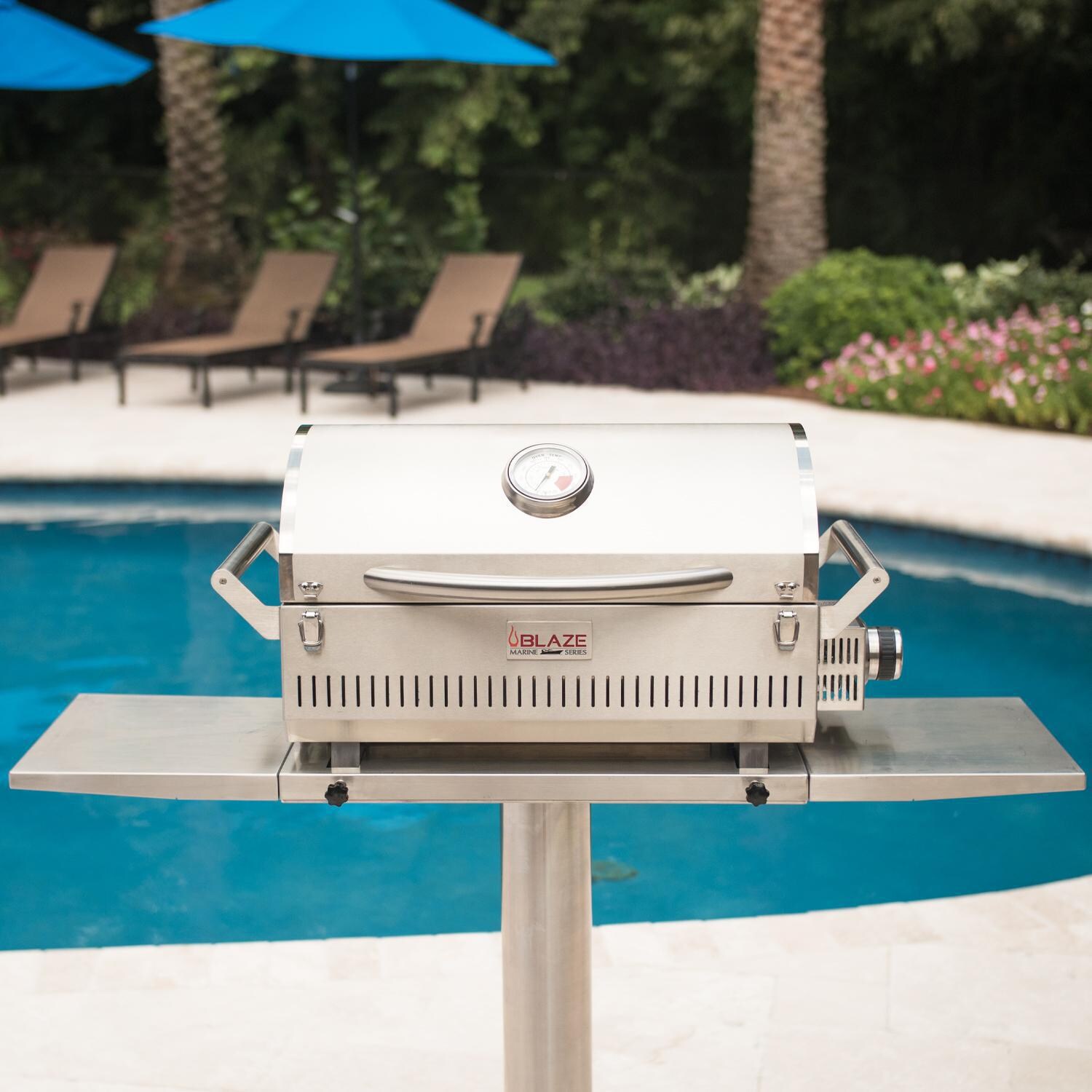 Blaze Professional LUX BLZ-1PRO-PRTMG-LP Marine Grade Portable Propane Gas Grill On Pedestal With Side Shelves - Grilling On The Beach thumbnail