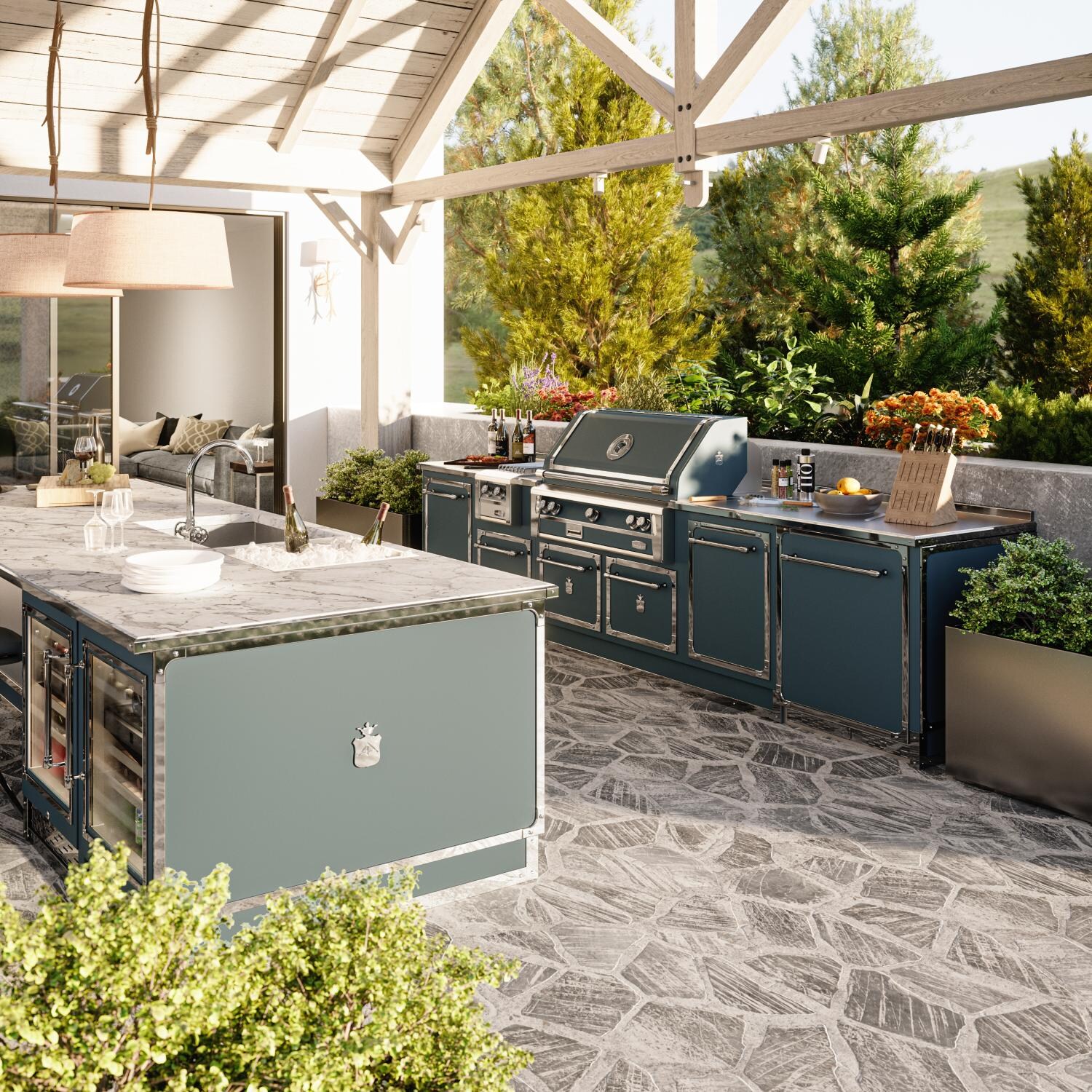 Officine Gullo BBQ42BI05 42-Inch OG Professional Propane Grill in Arancia di Sicilia - Built-In Grill Shown From The Right Side Close Up in Peacock Plume - Lifestyle thumbnail