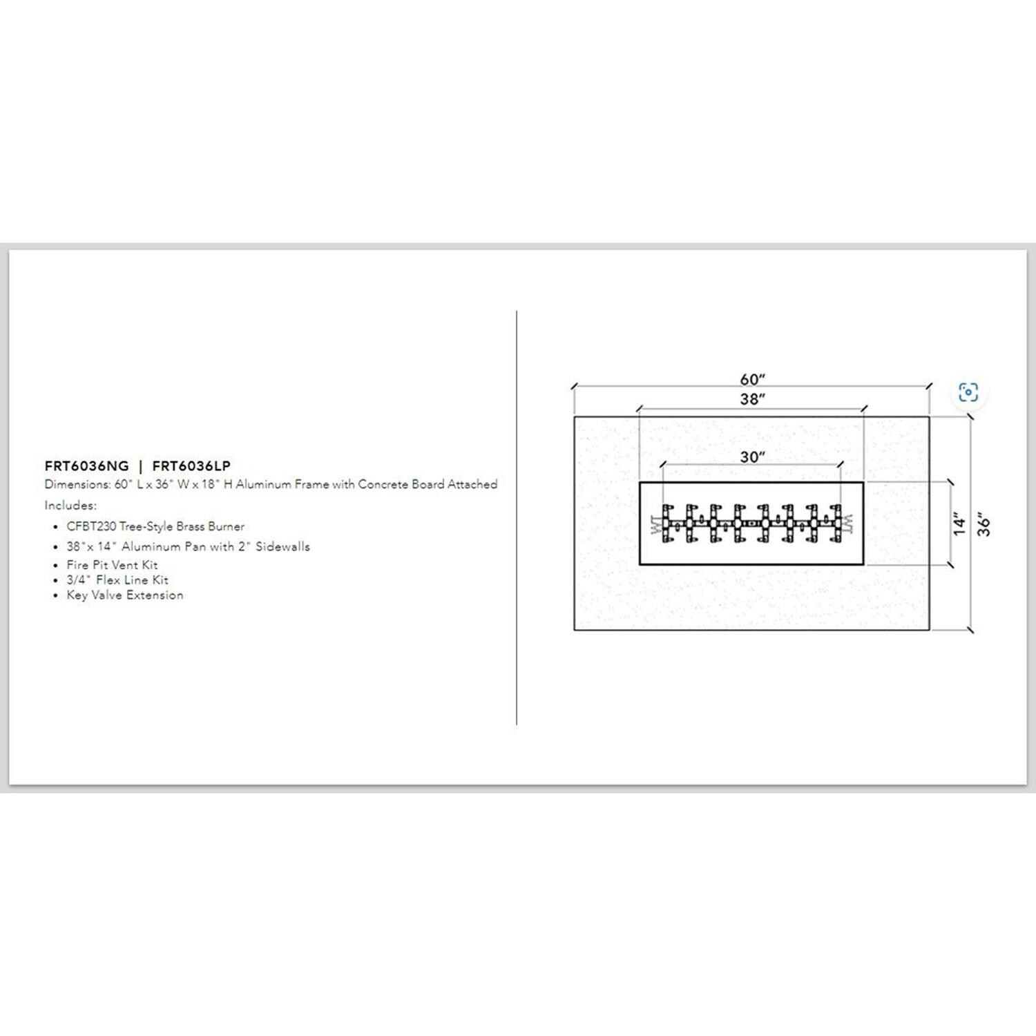 Warming Trends FRT6036NG Rectangle Tree-Style 60 Inch x 36 Inch Natural Gas Ready To Finish Kit - Measurements thumbnail