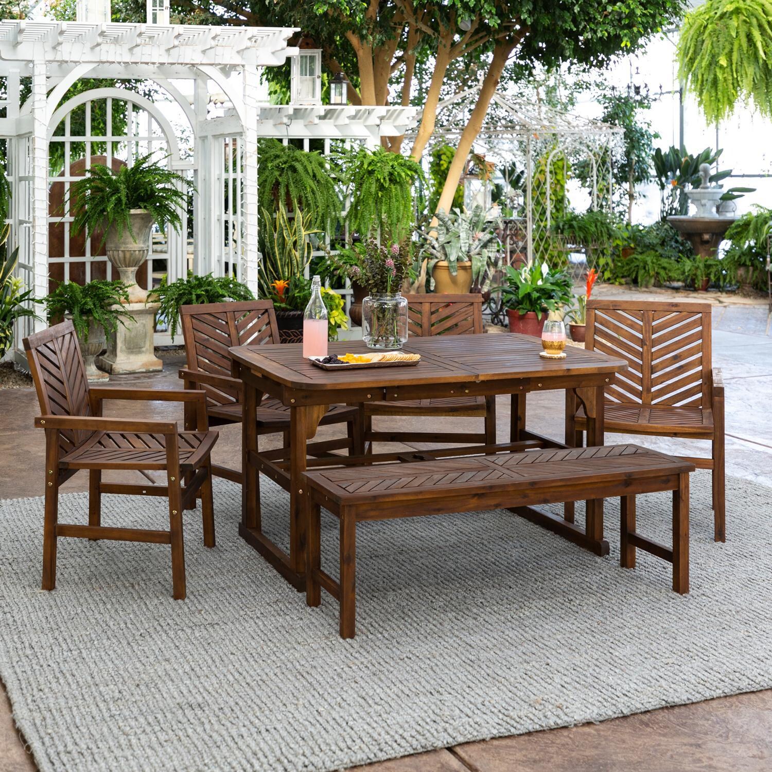 Walker Edison Vincent 6 Piece Acacia Patio Dining Set W/ 55-79 X 35 Inch Extension Rectangular Table - Dark Brown image