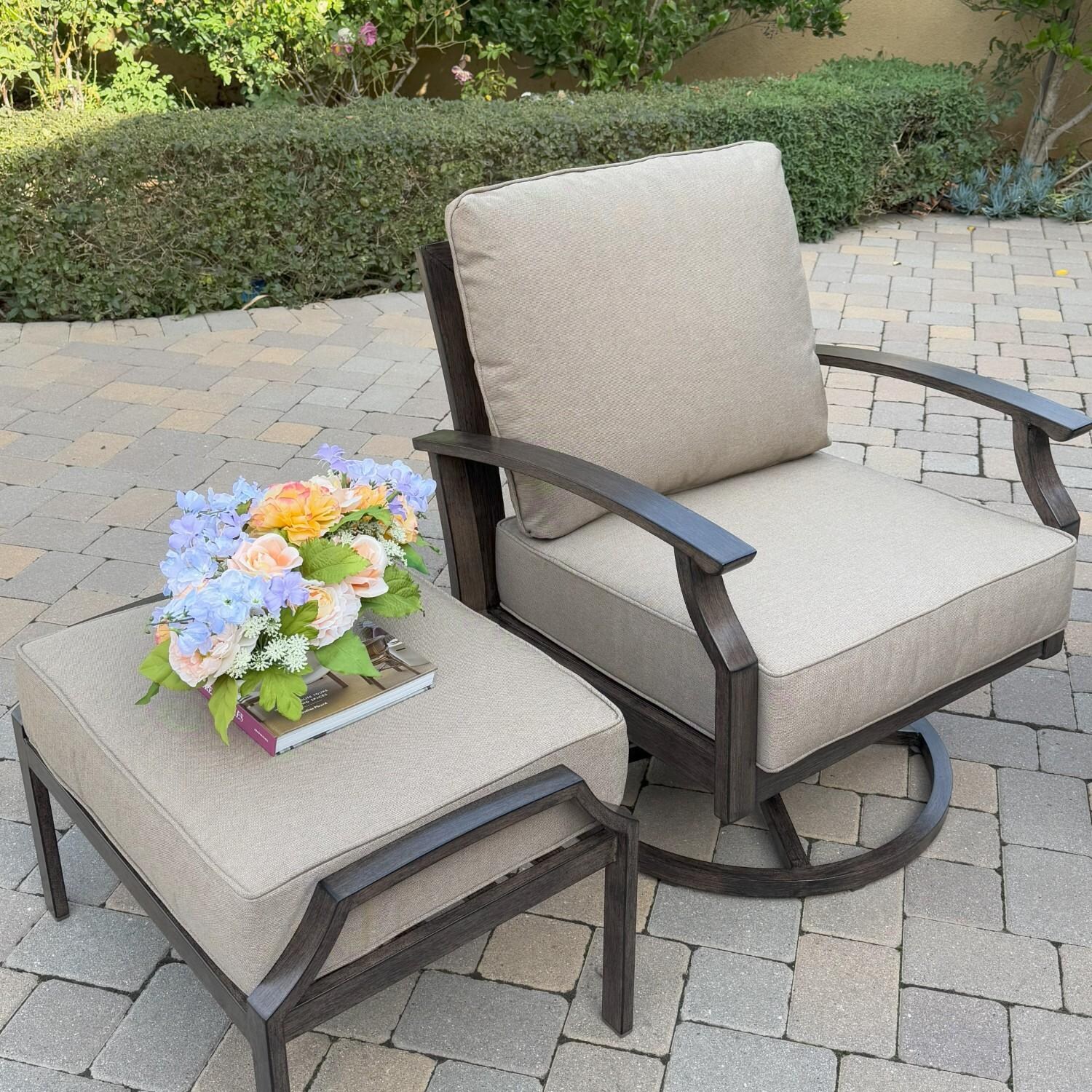 Atlantis 2 Pc Aluminum Ottoman Set in Walnut/Beige by Darlee - Shown w/ Chair - Lifestyle thumbnail