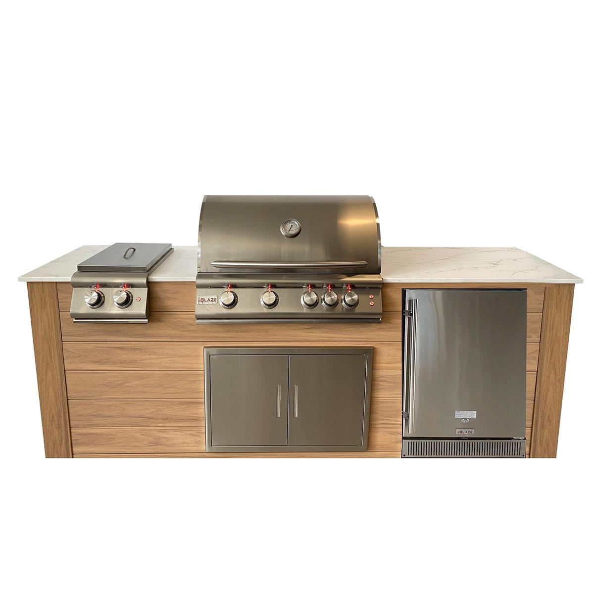 Pro-Fit 8-Foot Outdoor Kitchen Island W/ Blaze LTE 32-Inch Propane Gas Grill, Double Side Burner & Refrigerator - Golden Cypress / Bianco Giulia A Satin