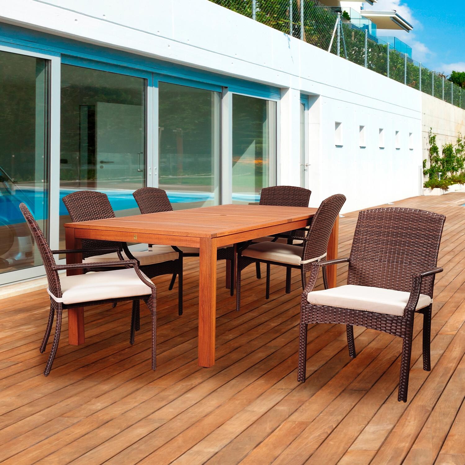 Amazonia SC ALAMA_6SANI_BR Hallie 6-Person Eucalyptus Patio Rectangular Dining Set W/ Stacking Dining Arm Chairs On Outside Deck thumbnail