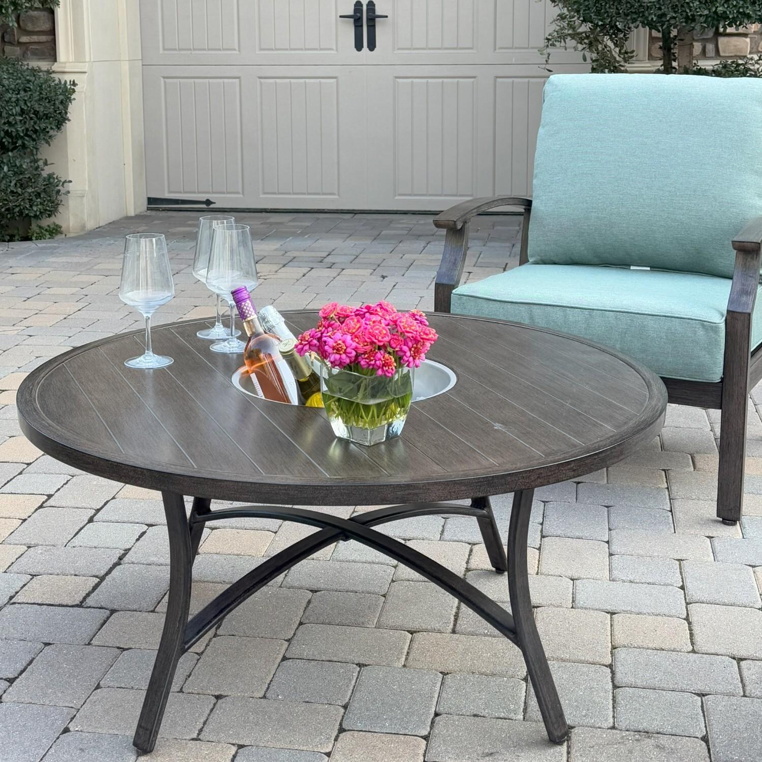 Atlantis 42-in Walnut Aluminum Coffee Table w/ Ice Bucket Insert by Darlee - Table w/ Ice Bucket From Side - Lifestyle thumbnail