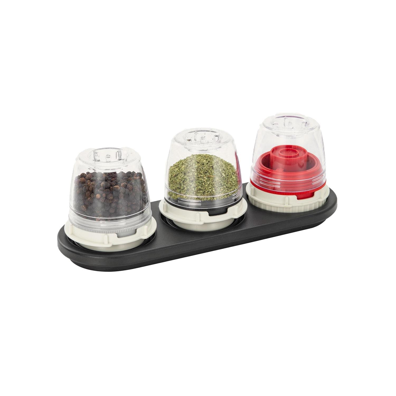 FinaMill FMA102-1BLK Black Trio Stackable Tray - Spices Added (Not Included) - Angled - White Background thumbnail