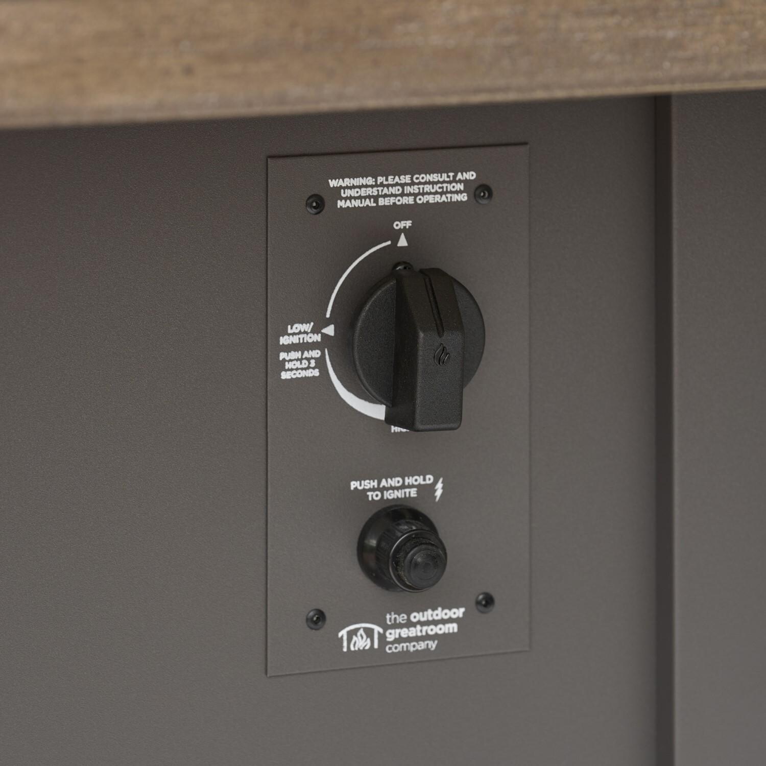 Havenwood 44 Inch Fire Pit Table W/ Driftwood Top & Grey Base - Controls - Detail thumbnail