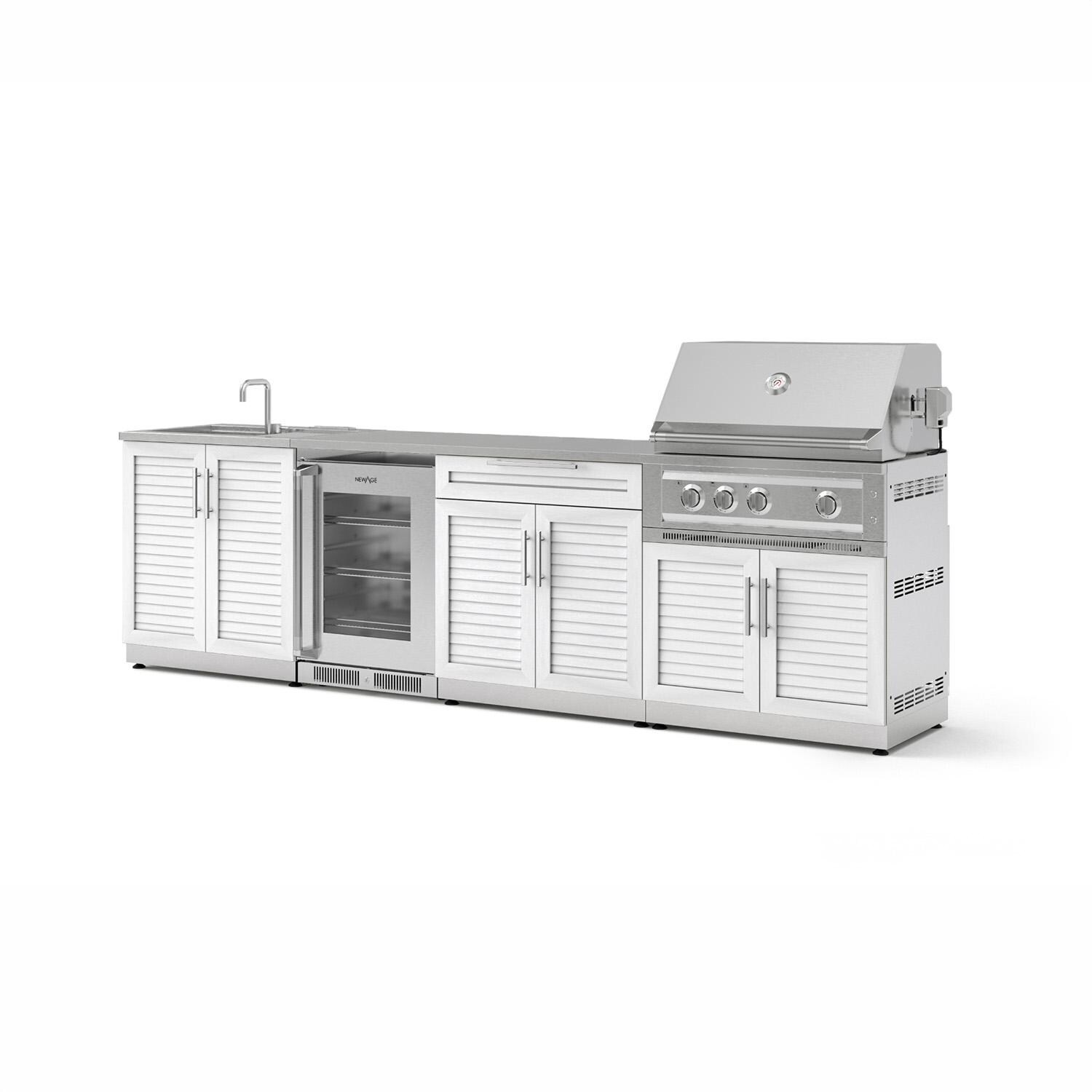 NewAge Products 71527 Classic Series 10 Ft Outdoor Kitchen Island w/ 33-in Natural Gas Grill, Sink, Glass Door Refrigerator, Trash Bin, Door & Drawer in White/Stainless Steel - Angled - White Background thumbnail