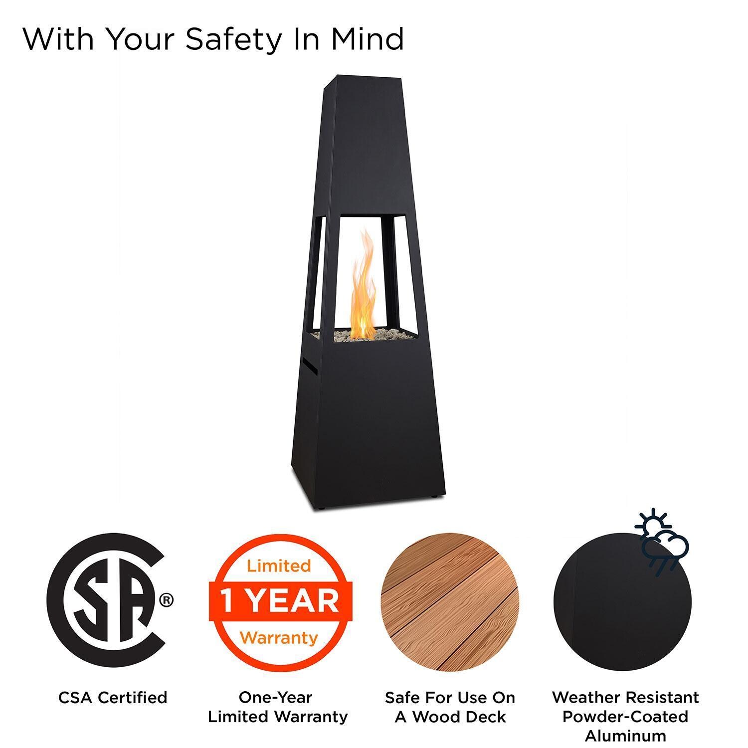 Metal Chiminea 70 Inch Square Fire Pit W/ Hidden Propane Tank in Black by Lakeview Outdoor Designs - Precautions Callout - Detail thumbnail