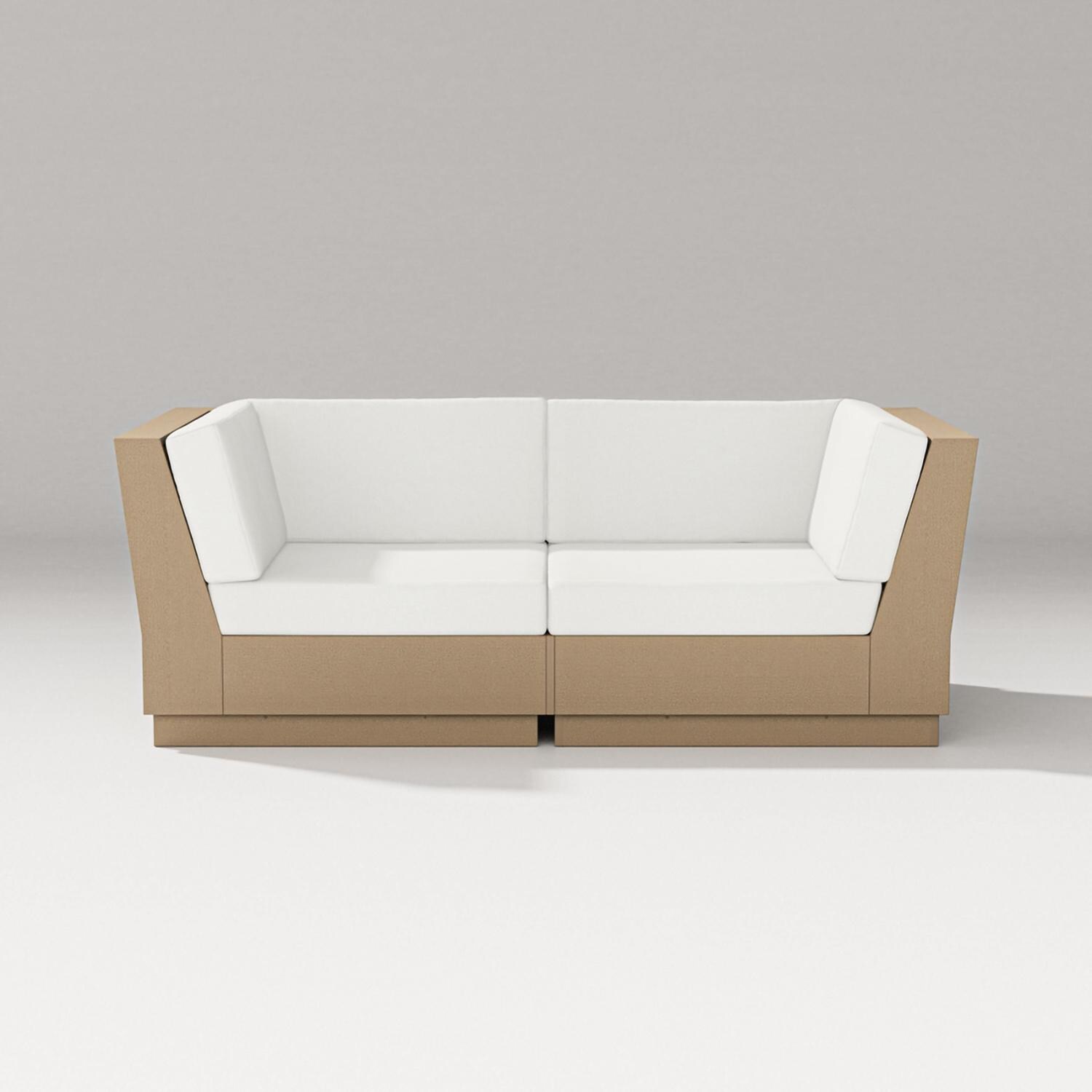 Elevate 2 Person Recycled Plastic Sectional Loveseat in Vintage Sahara/Natural Linen By PW Designer Series