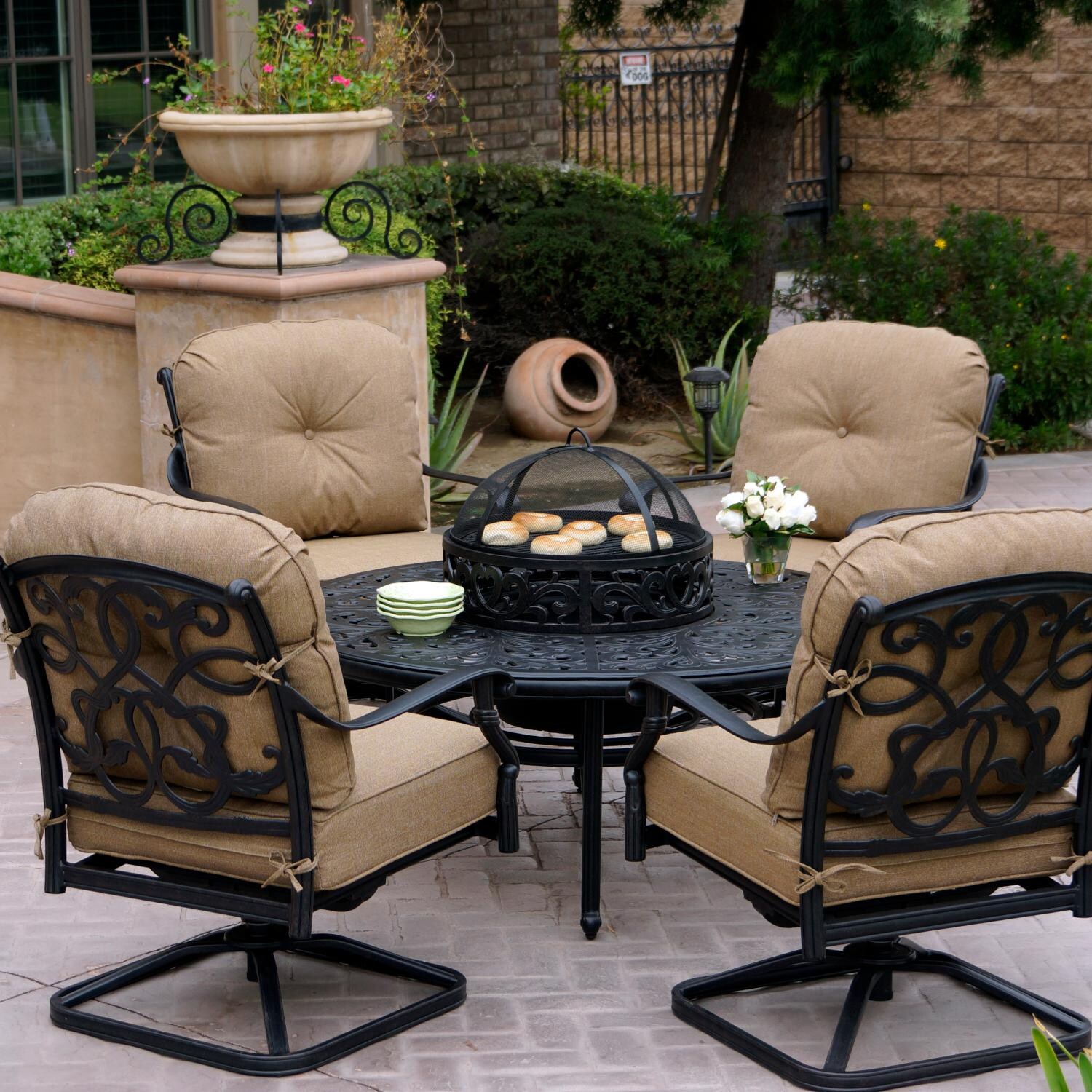 Santa Monica 5 Pc Cast Aluminum Fire Pit Seating Set w/ 52 Inch Series 80 Table w/ Ice Bucket Insert & Swivel Rockers in Antique Bronze/Sesame by Darlee