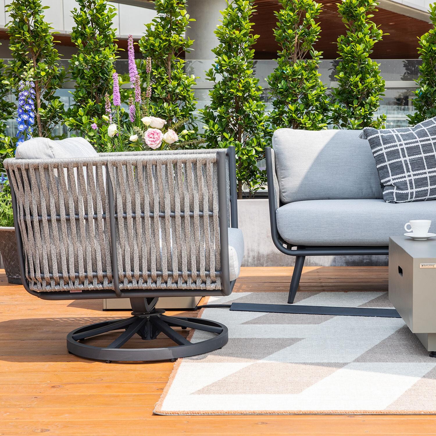 Elementi OS-2504W Milano Outdoor Aluminum Swivel Club Chair w/ Sunbrella Cushions - Side View - Lifestyle thumbnail