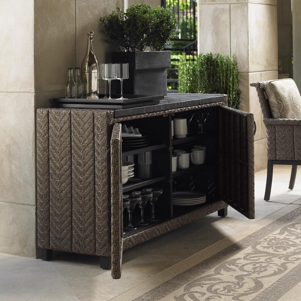 Tommy Bahama 3230-966 Blue Olive Wicker Patio Buffet Table w/ Weatherstone Top - Outside Open thumbnail