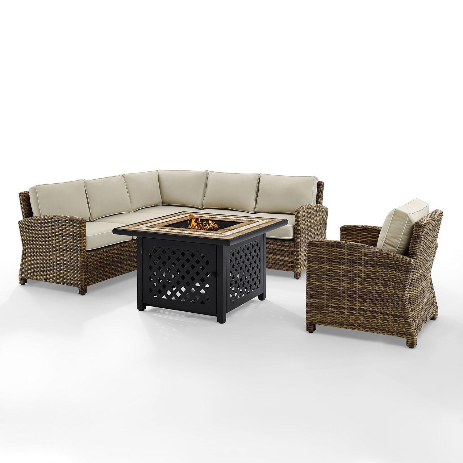 Ultimate Patio UP-92392-SA 5Pc Wicker Outdoor Sectional Set W/ Fire Table & Club Chair in Sand - Front View - White Background thumbnail
