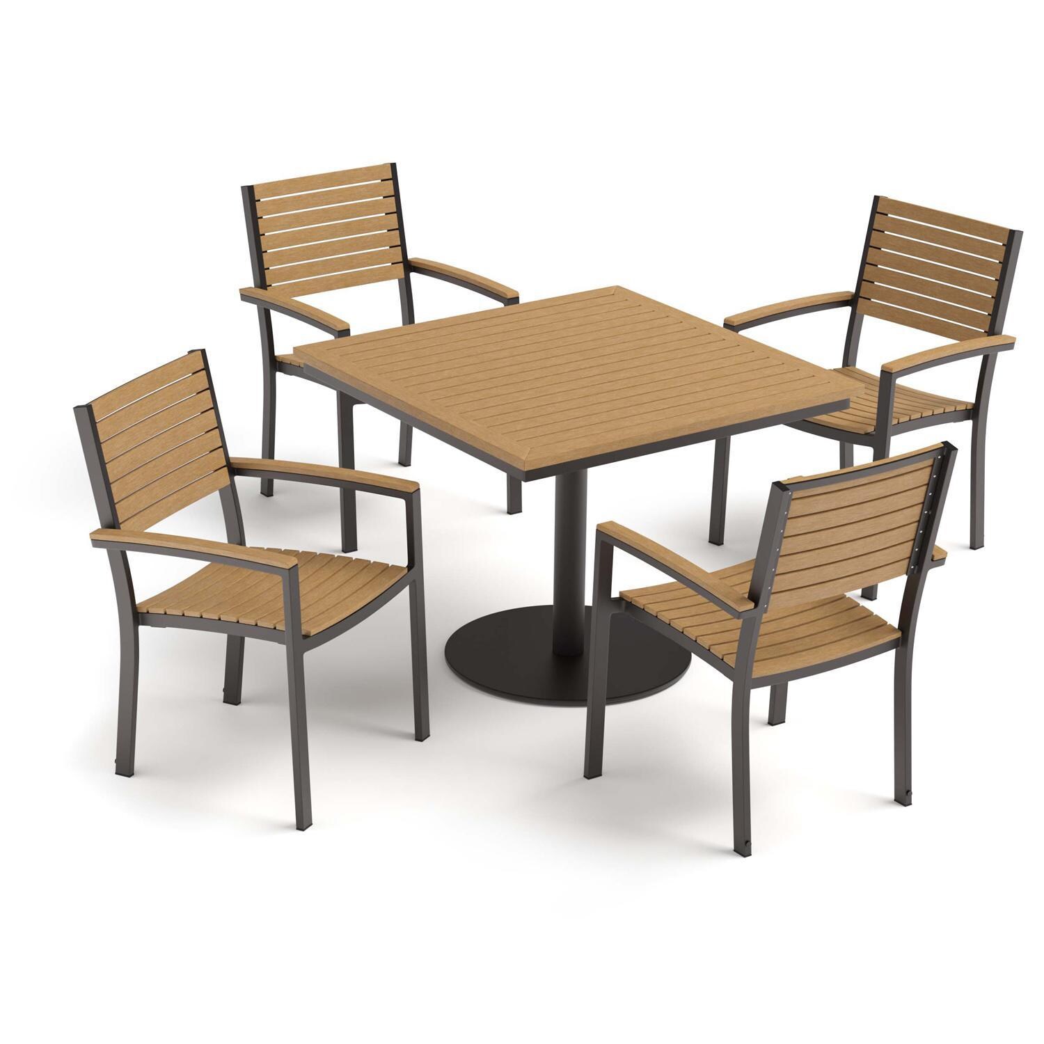 Oxford Garden Travira 5 Pc Aluminum Dining Set W/ Natural Tekwood Slats, Arm Caps & Table Top in Carbon - Top View thumbnail