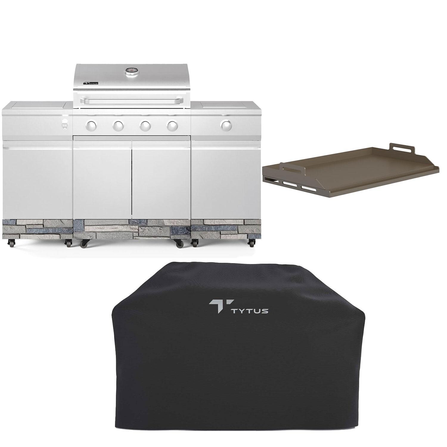 TYTUS Fresno Series 5-Burner Propane Island Grill in Stainless Steel + Shadow Stone w/ Cover & Griddle - All Included - White Background thumbnail