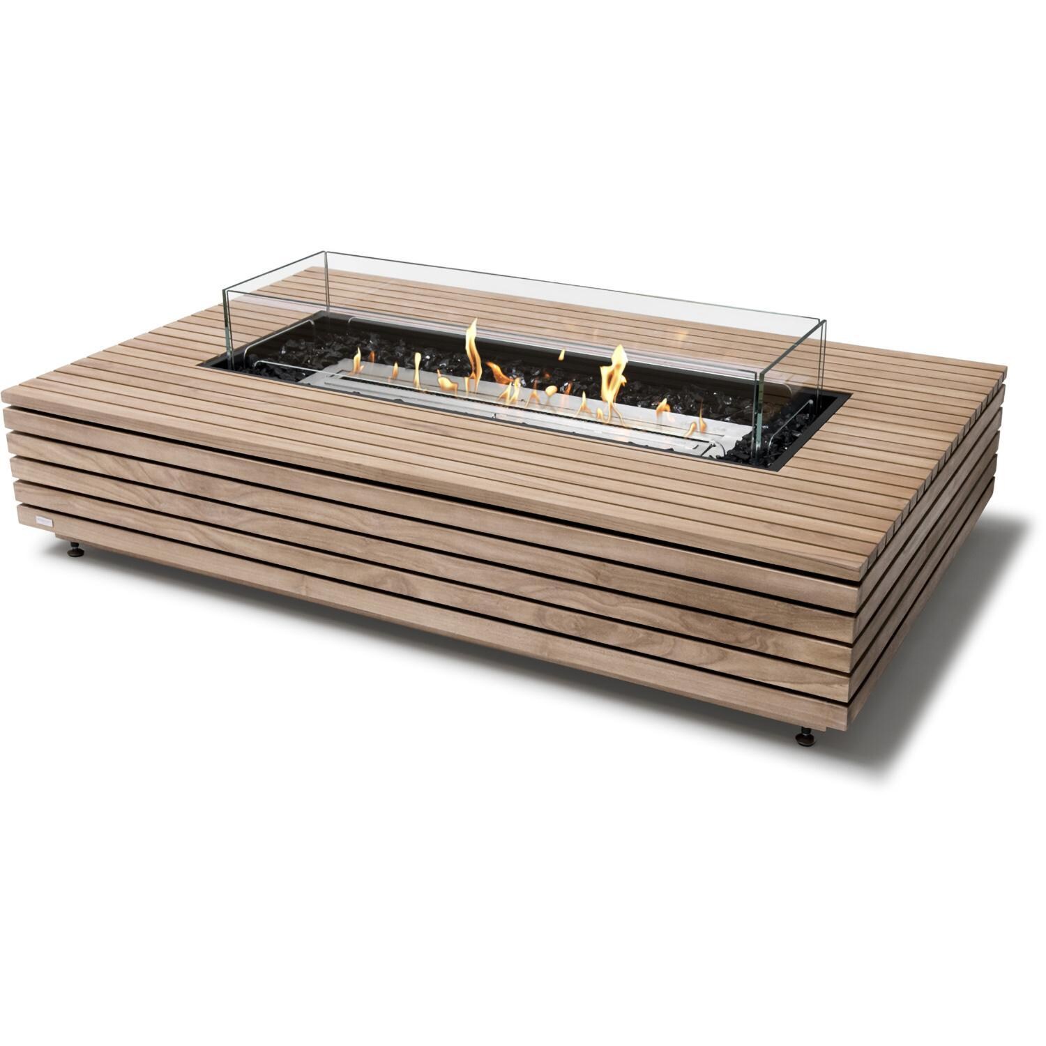 EcoSmart Fire ESF.O.WHF.65.NF Wharf 65 Inch Stainless Steel Burner Rectangle Teak Ethanol Pit Table in Teak - Angled with Fire Rocks - White Background thumbnail