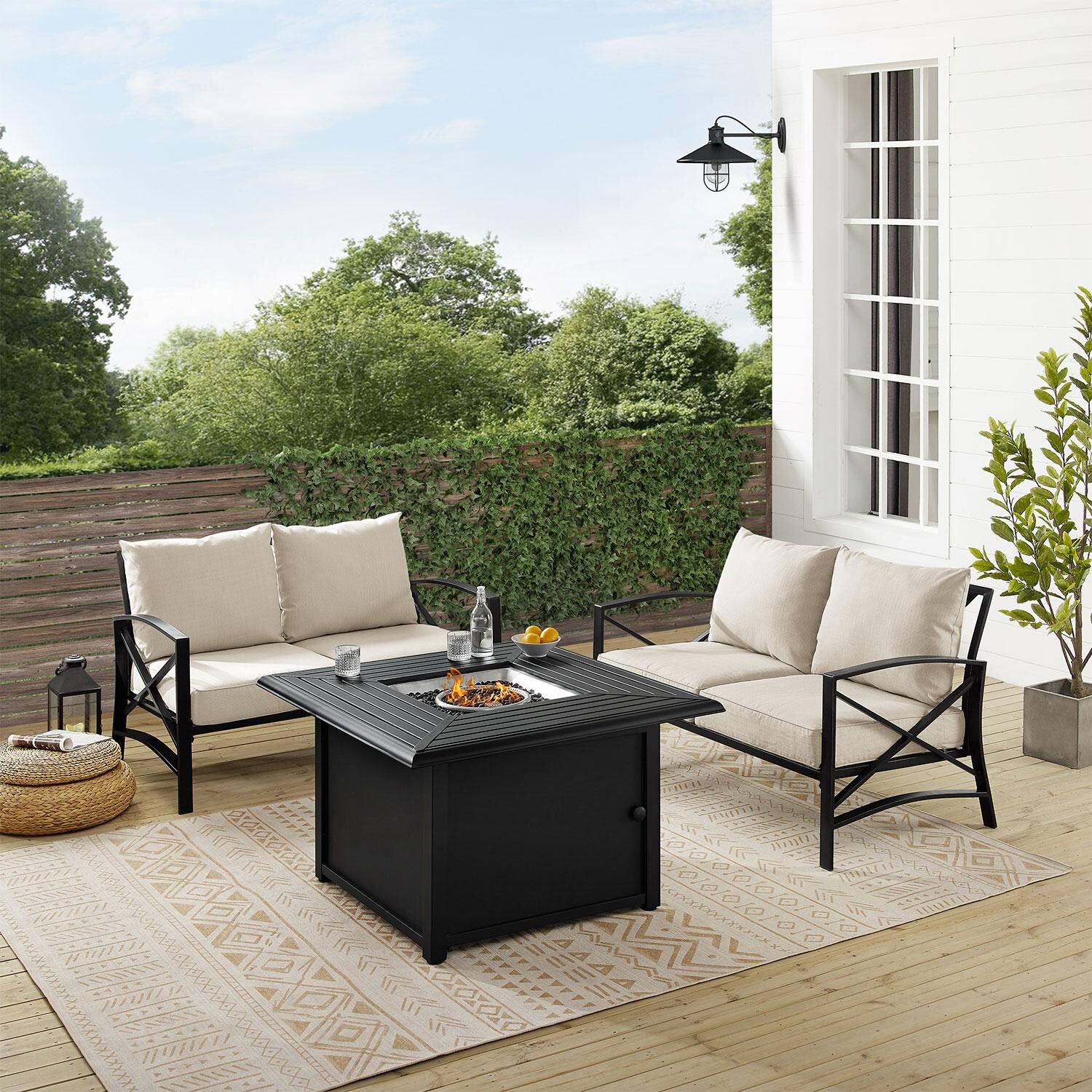 Ultimate Patio UP-82271BZ-OL 3Pc Outdoor Loveseat Set W/ Fire Table in Oatmeal - On Patio W/ Fire Table On - Lifestyle thumbnail